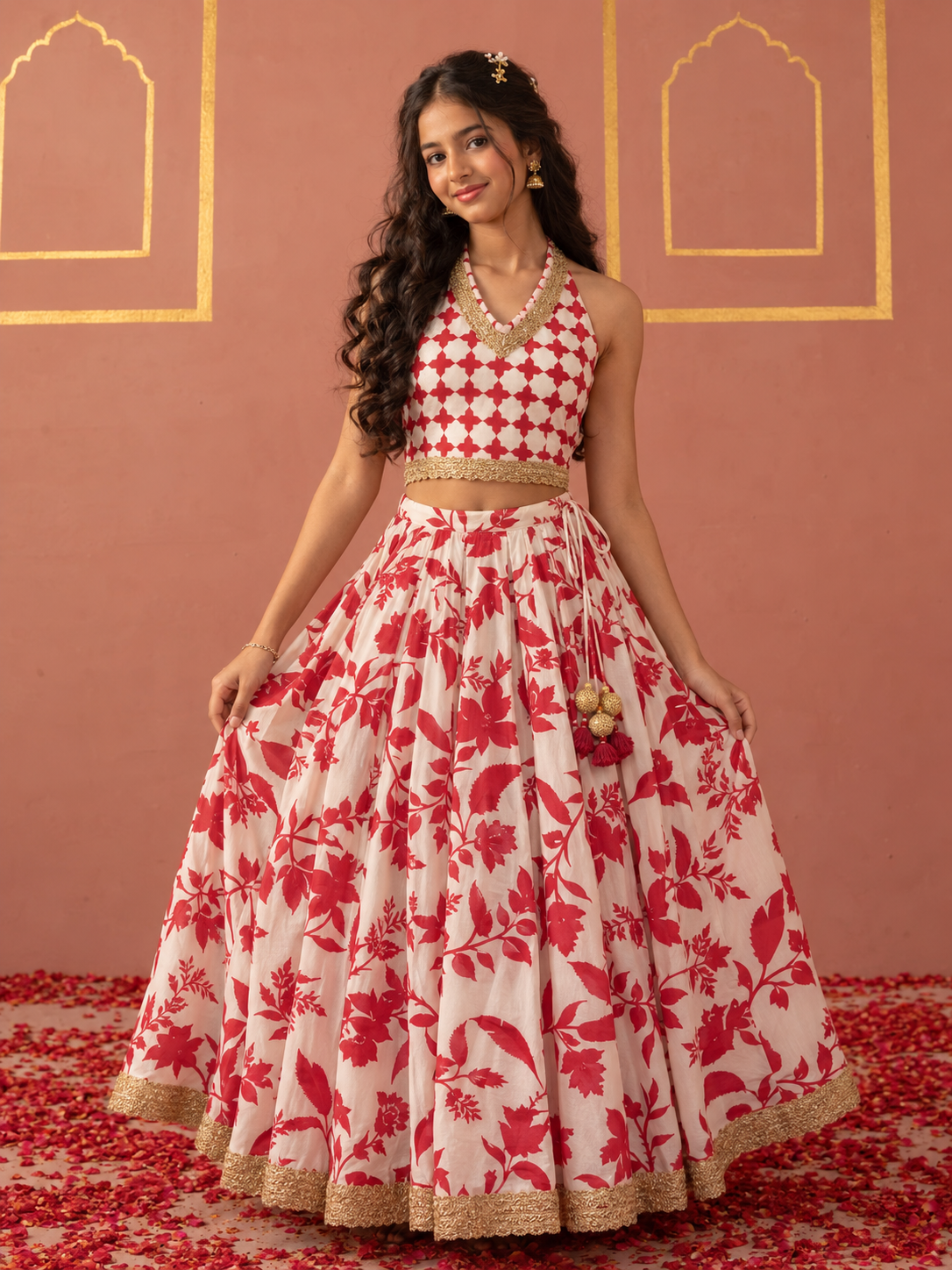 Teen Red Floral halter Top and Ghaghra