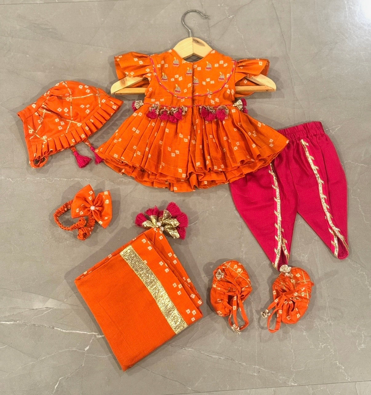 Orange Bandhej Girls Jamna