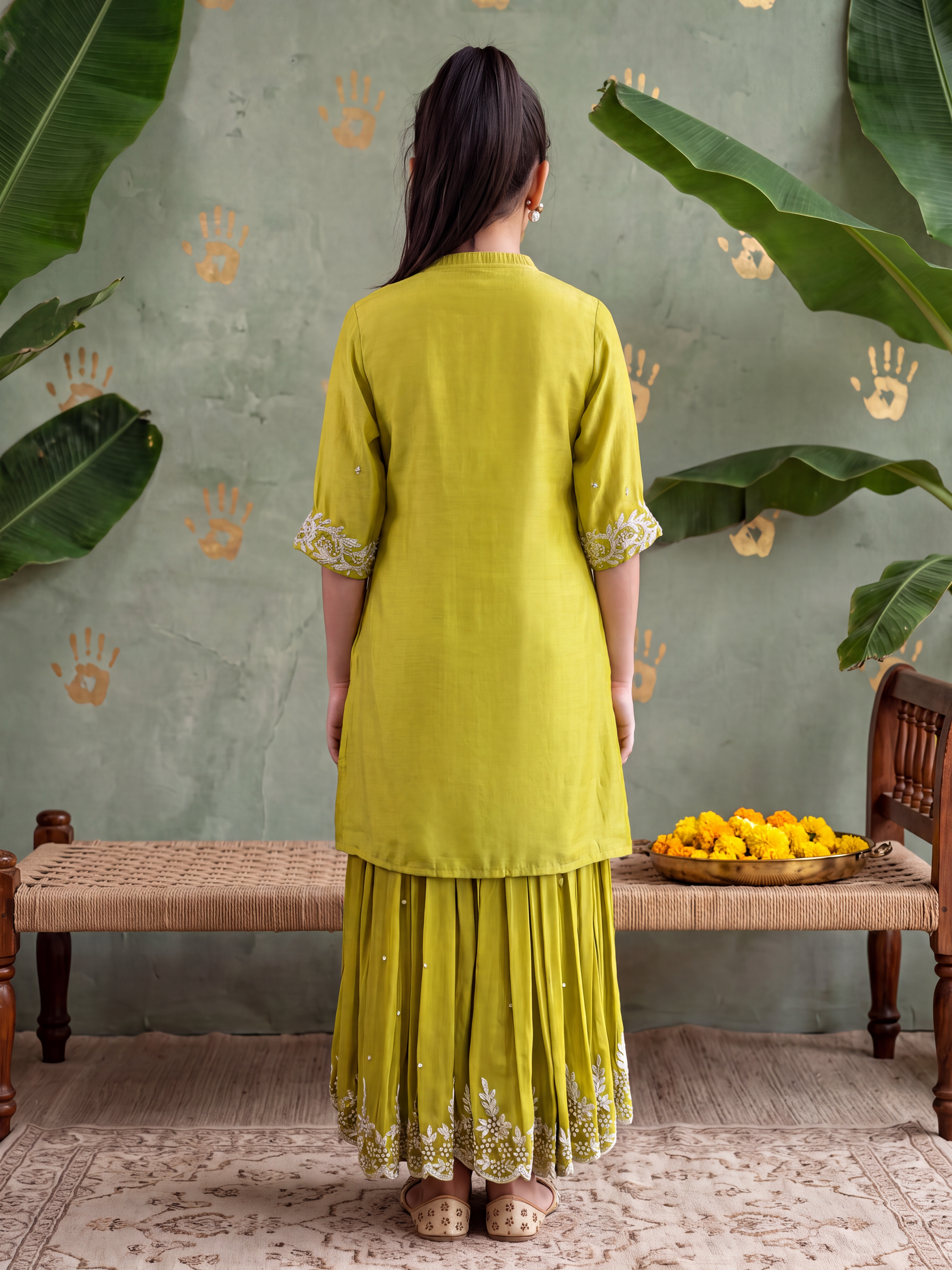 Lime Green Gota kurta and Flared Pants