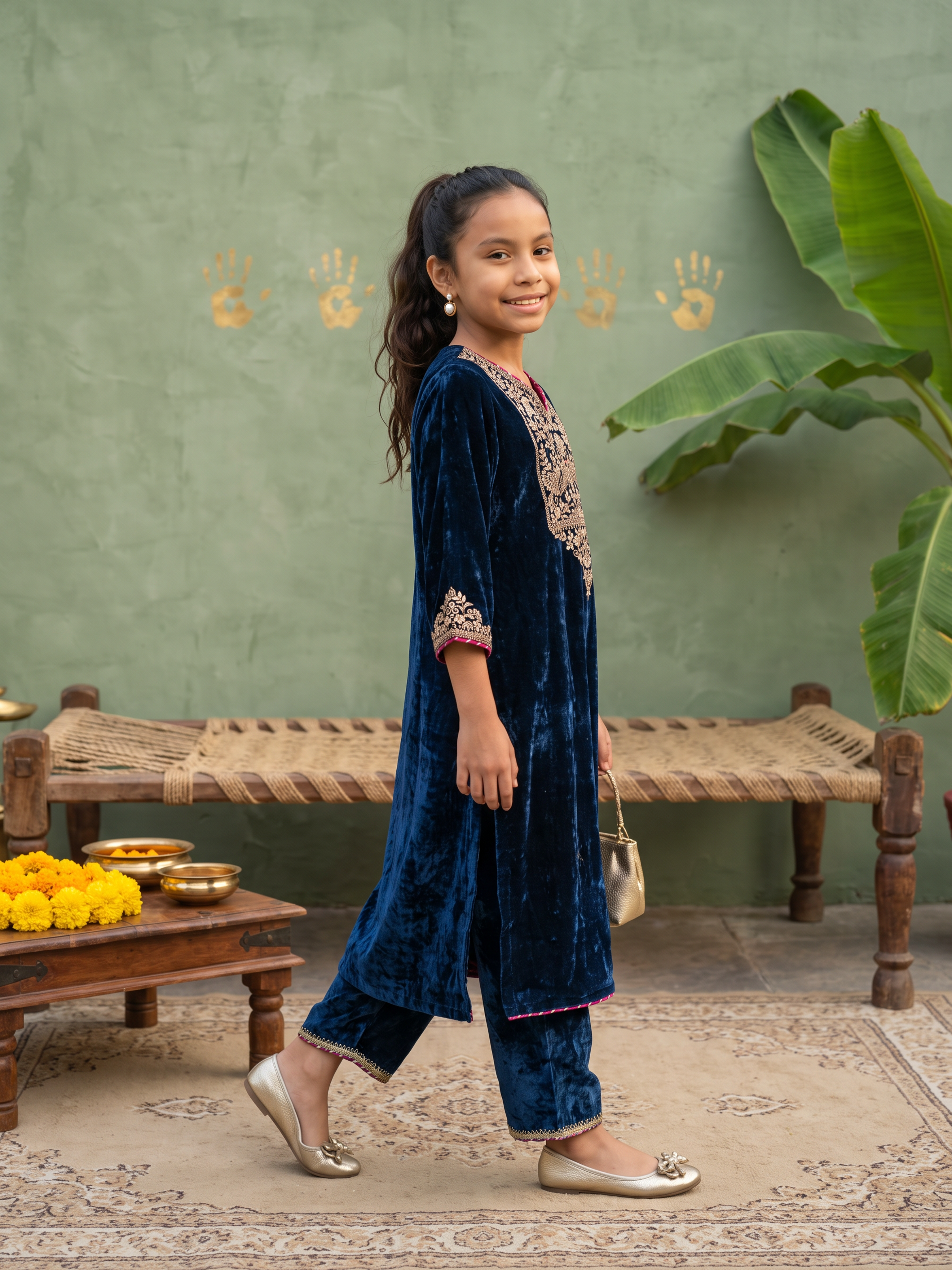 Blue velvet kurta set