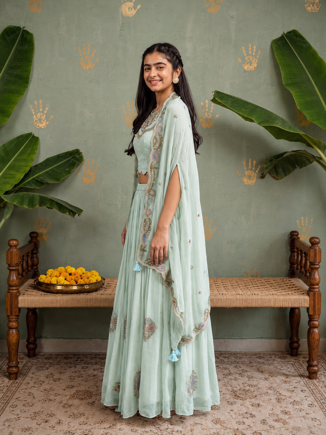 Mint lehenga Blouse and Cape