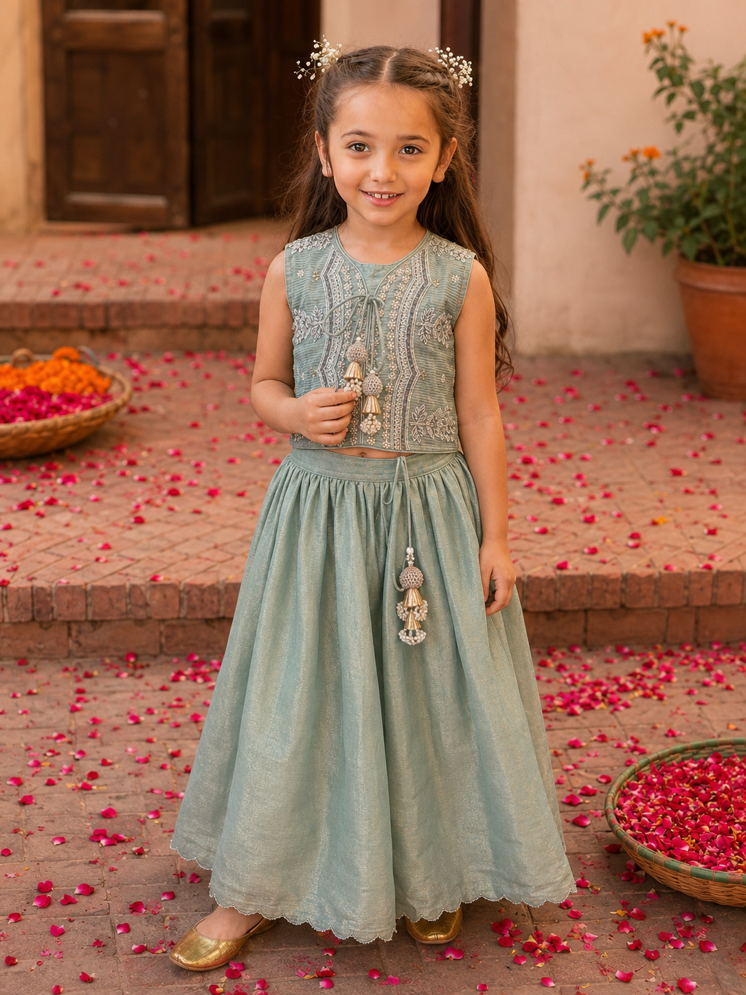 Sage green Tissue Lehenga