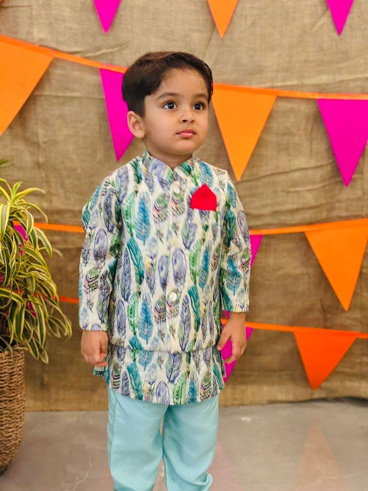 Leaf Printed Nehru Jacket Set