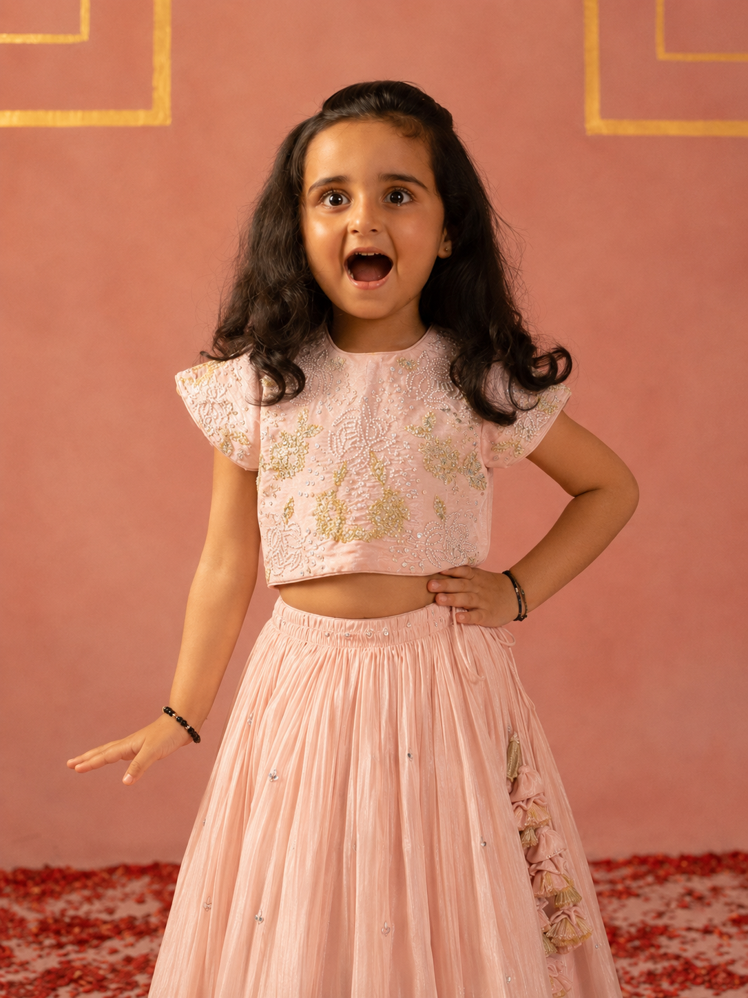 Pink tissue embroidered lehenga