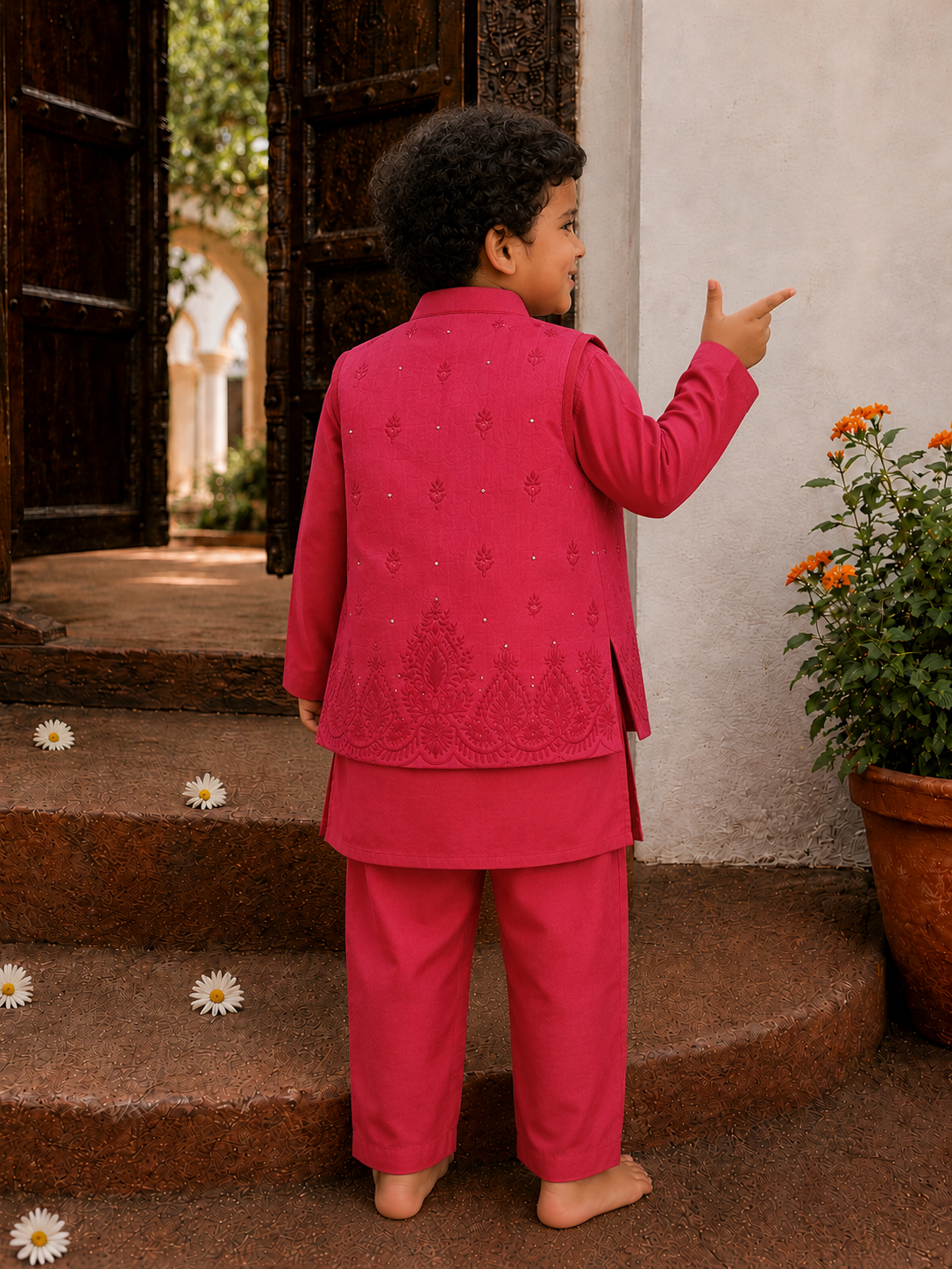 Red Lakhnavi Nehru Jacket Set