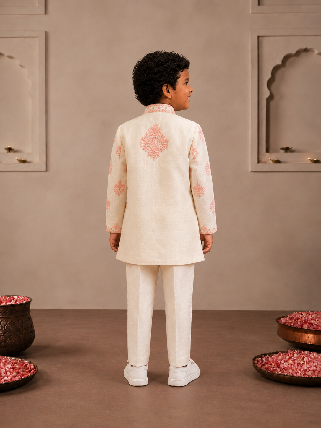 Cream and Pink Thread work Sherwani