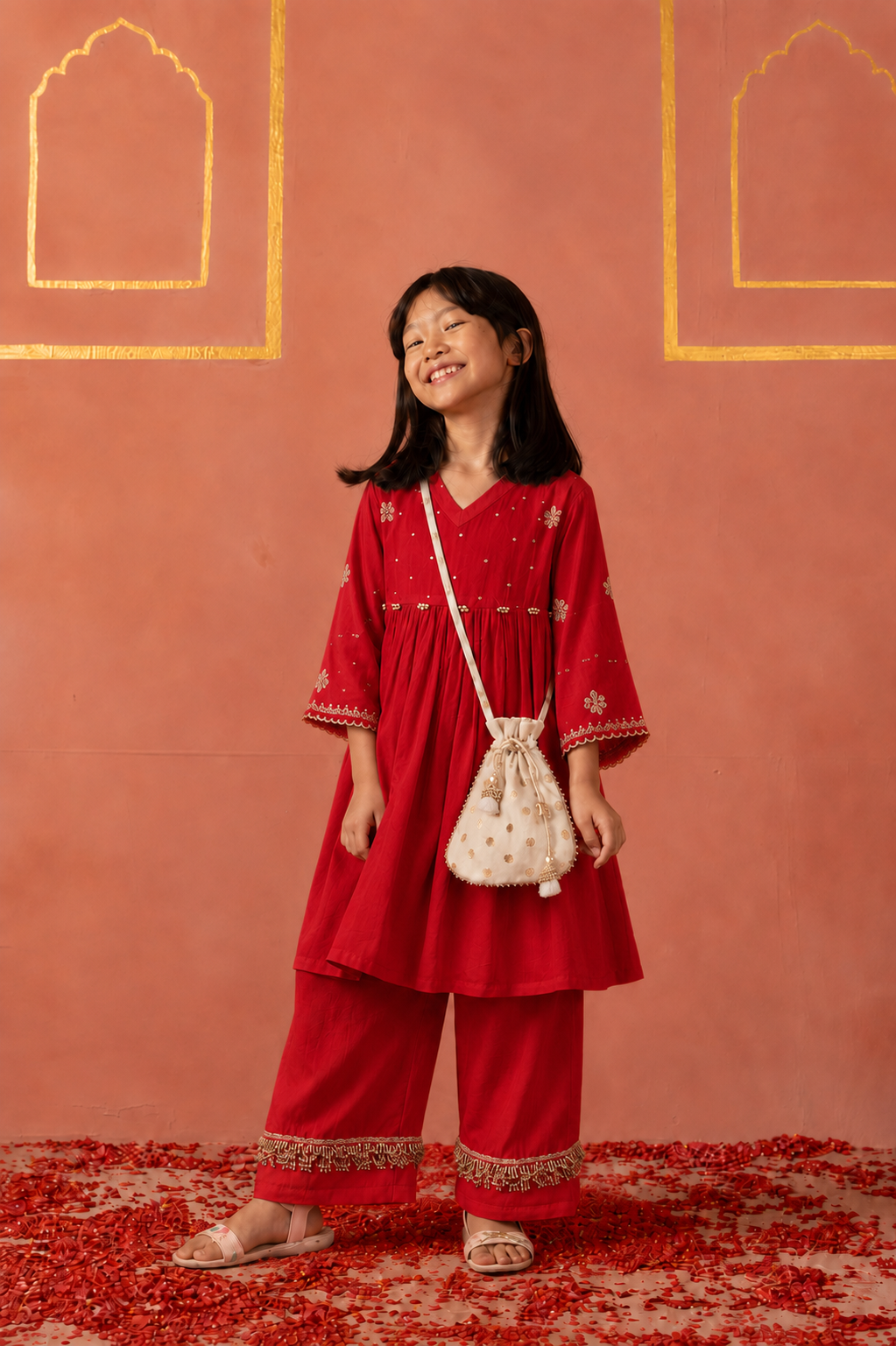 Red embroidered peplum kurta pants and potli