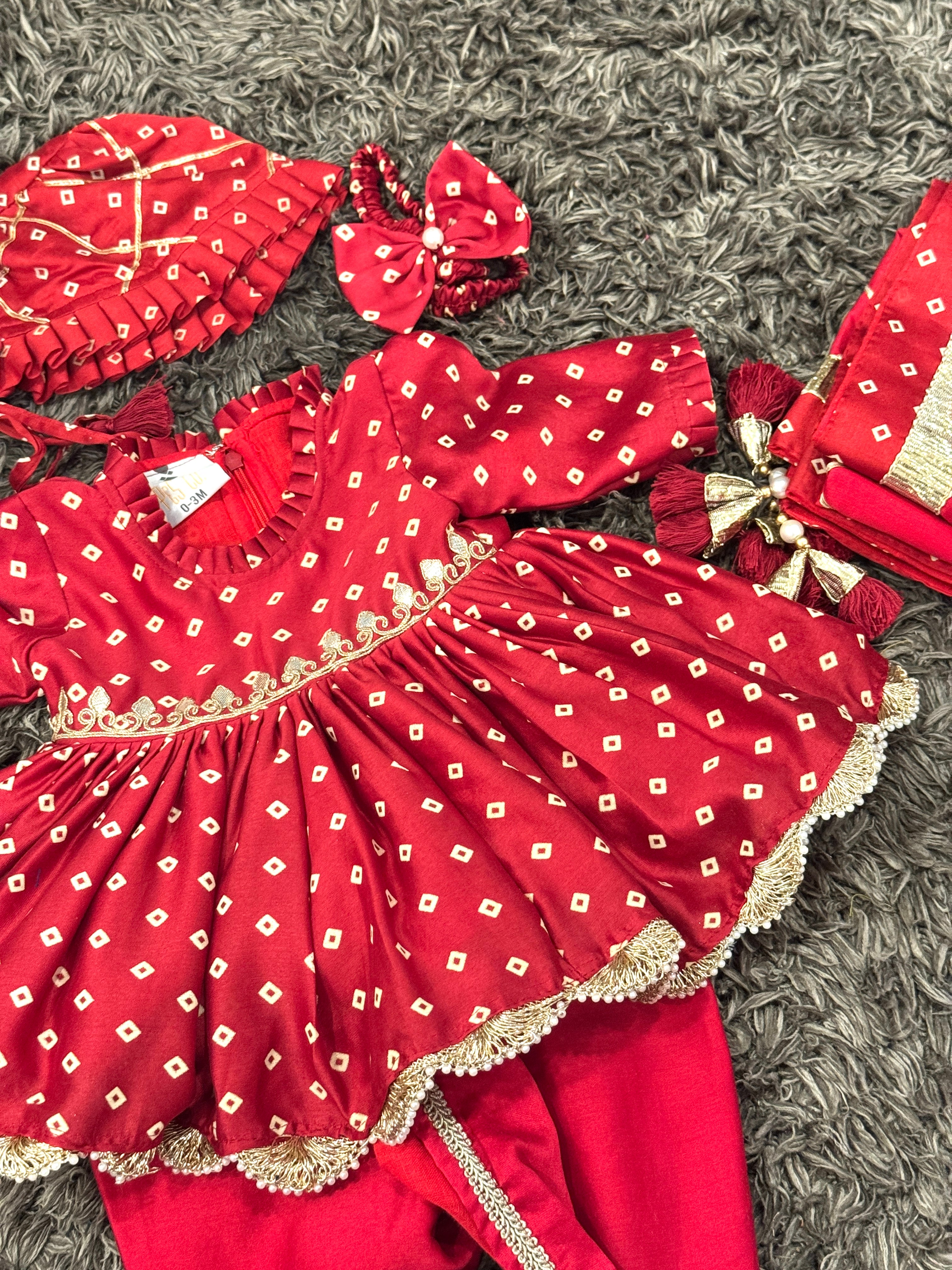 Baby Girl Red Bandhej Jamna Set