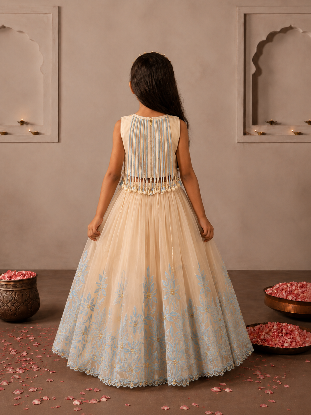 Cream and blue Tassels Appliqué Lehenga