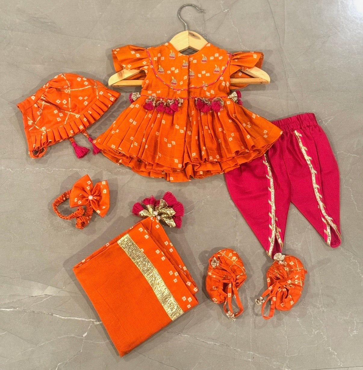 Orange Bandhej Girls Jamna
