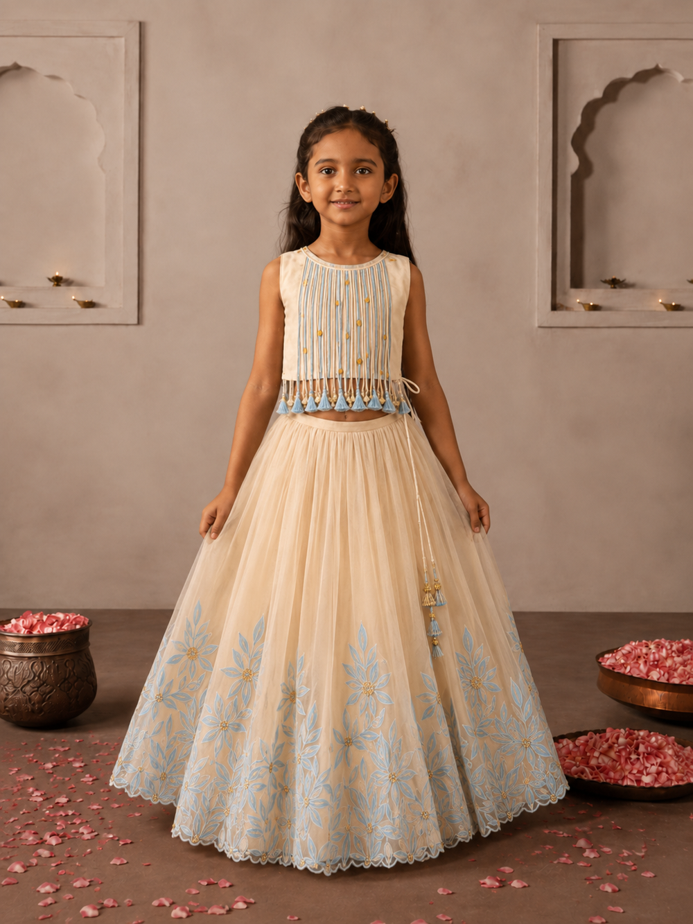 Cream and blue Tassels Appliqué Lehenga