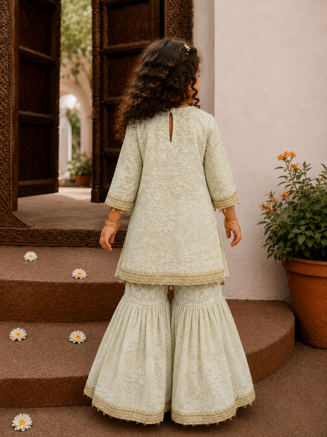 Baby Mint Green Lakhnavi Kurta Set