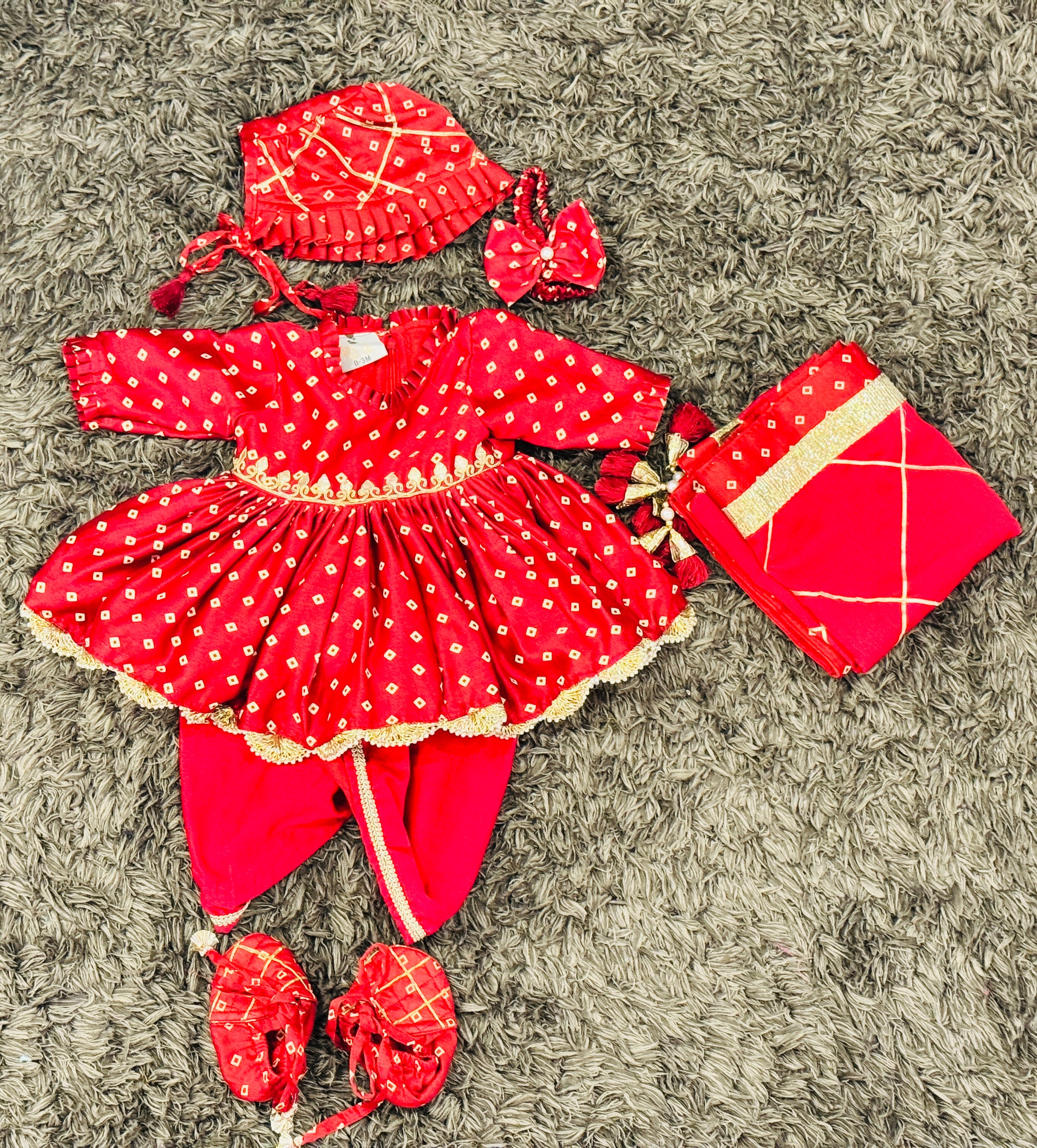 Baby Girl Red Bandhej Jamna Set