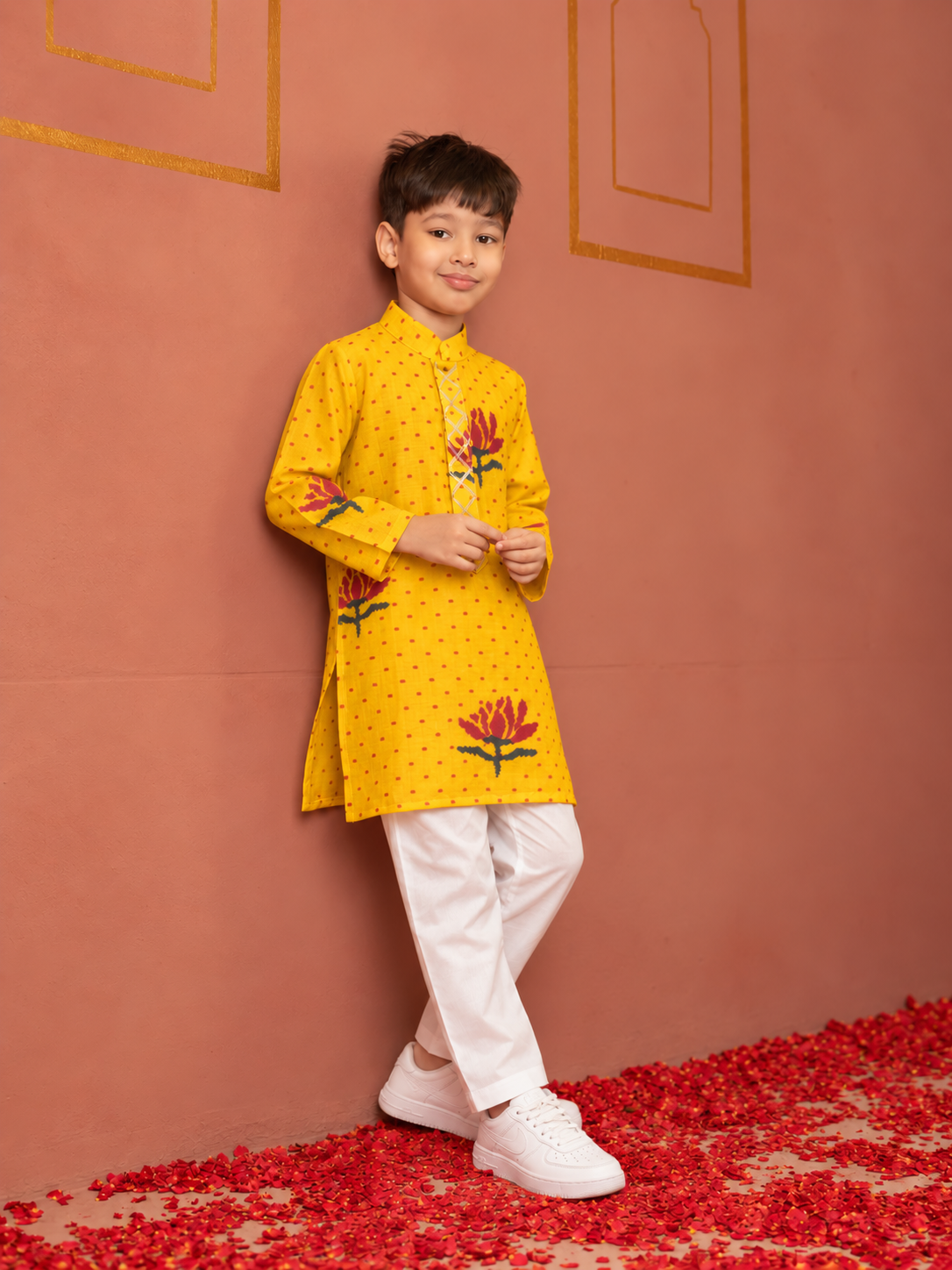 Yellow Gota lotus Kurta Pj