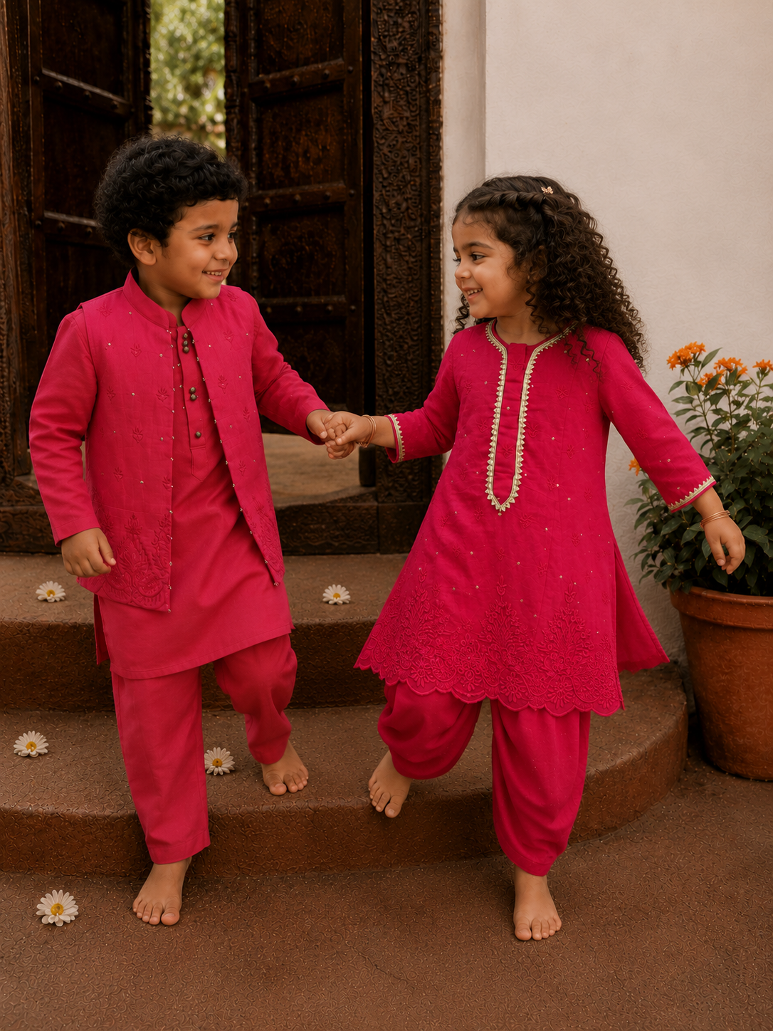 Red Lakhnavi Kurta and Cowl Pants