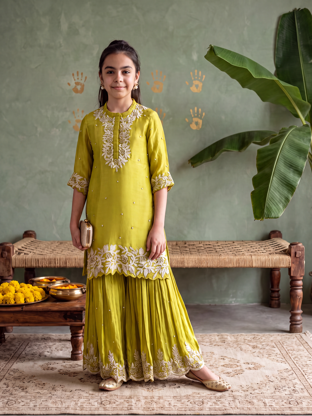 Lime Green Gota kurta and Flared Pants