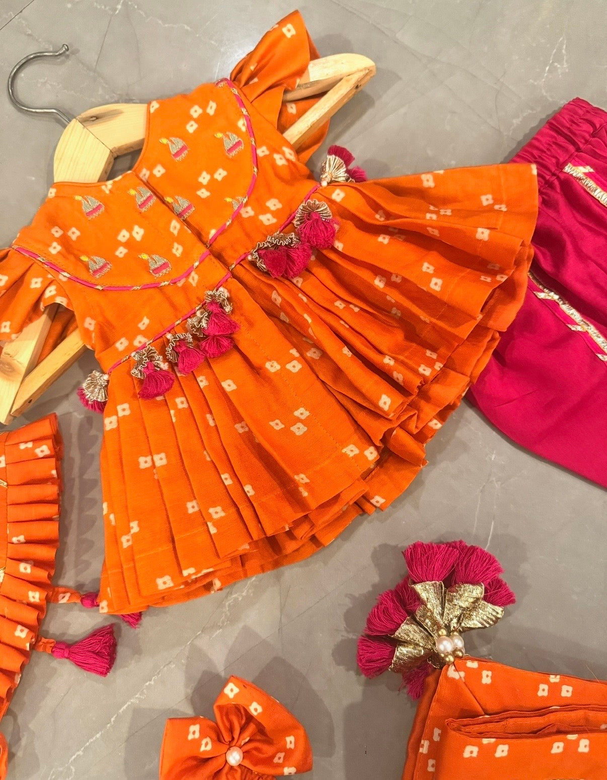 Orange Bandhej Girls Jamna