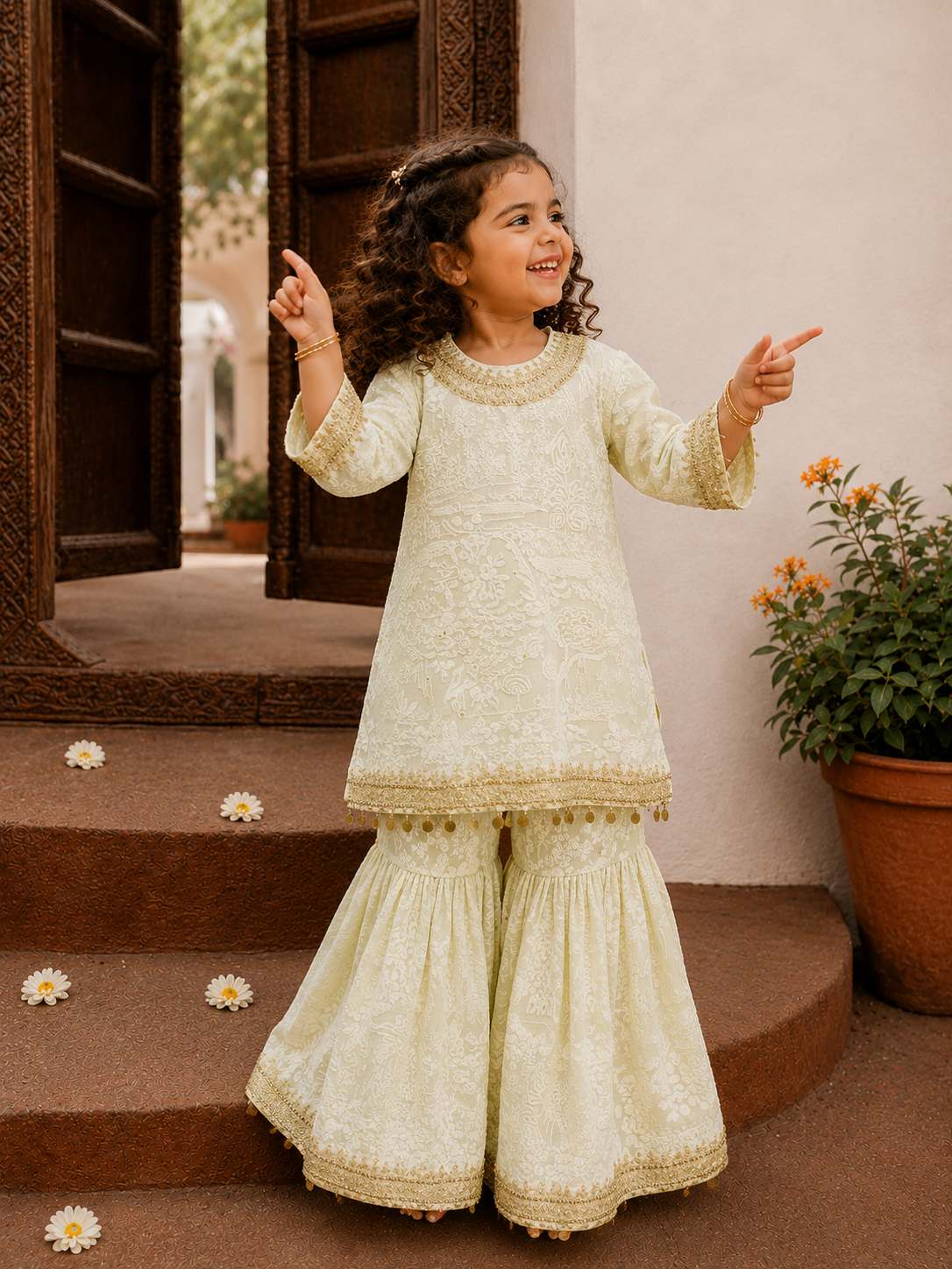 Baby Mint Green Lakhnavi Kurta Set