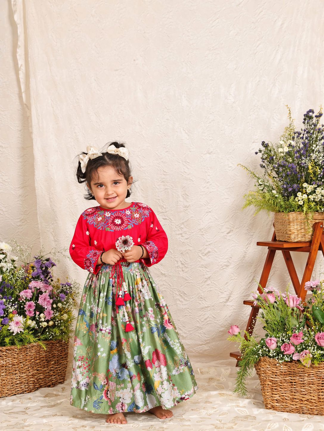 THREAD EMBROIDERED RED TOP WITH GREEN CHANDERI PRINTED GHAGARA for 2 Years Old