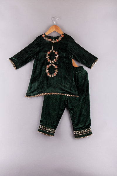 Floral embroidered Velvet Kurti And Pant