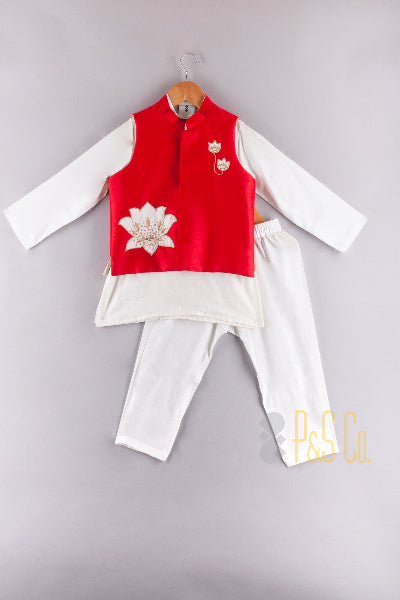 Red & White Lotus Bandi Kurta Set