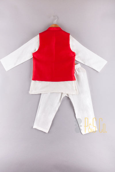 Red & White Lotus Bandi Kurta Set