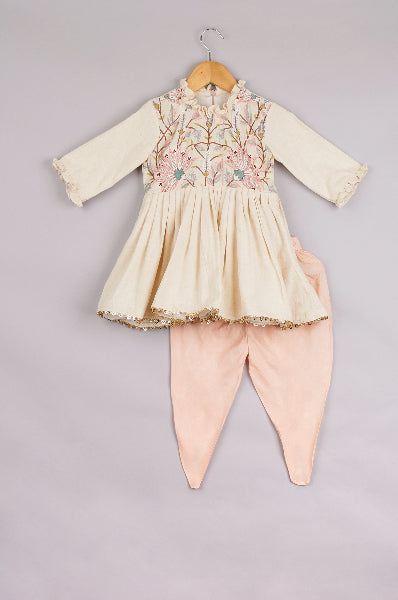 Off-White Cotton Embroidered Dhoti Set