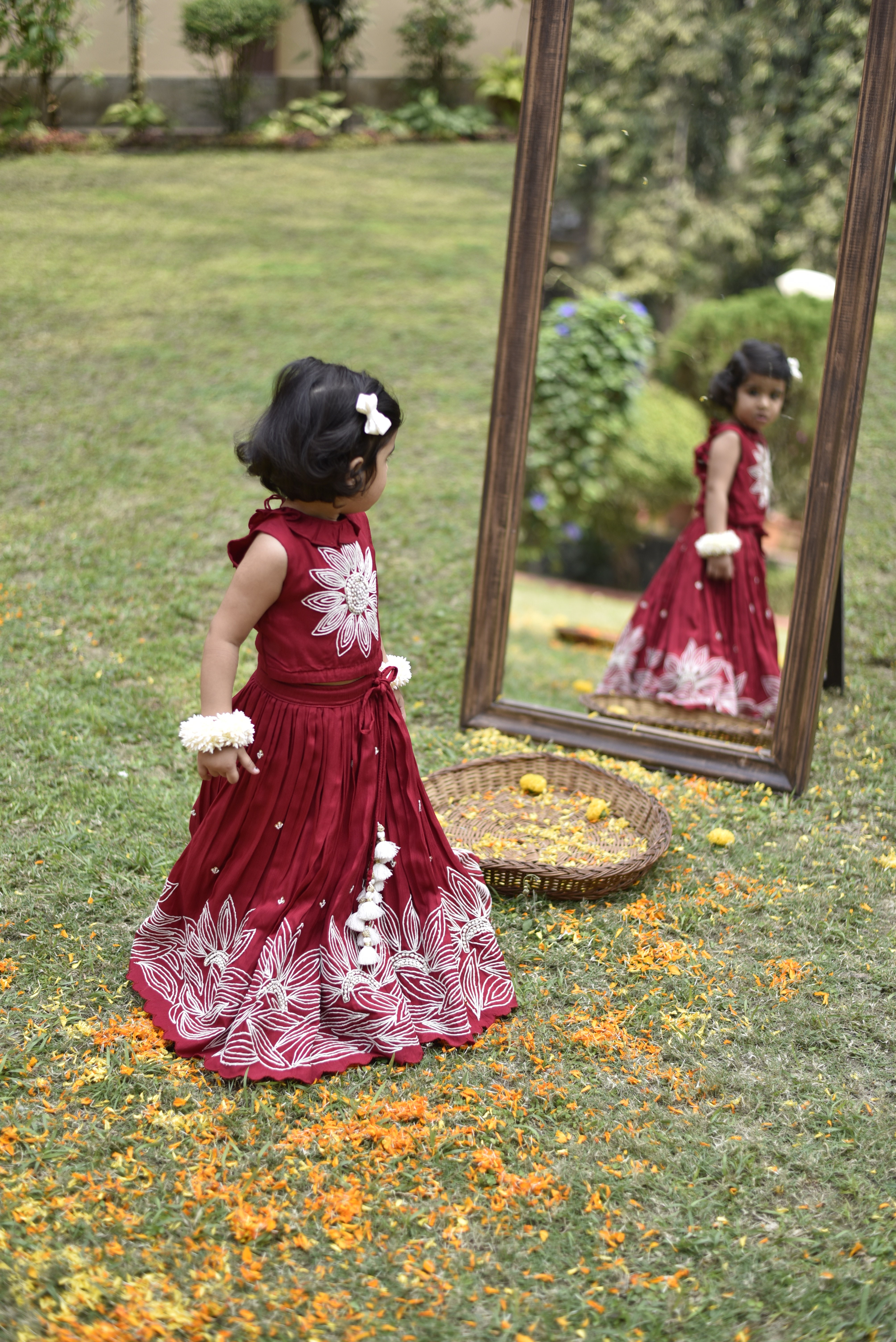 Ruffle Neckline Red Top And Lehenga