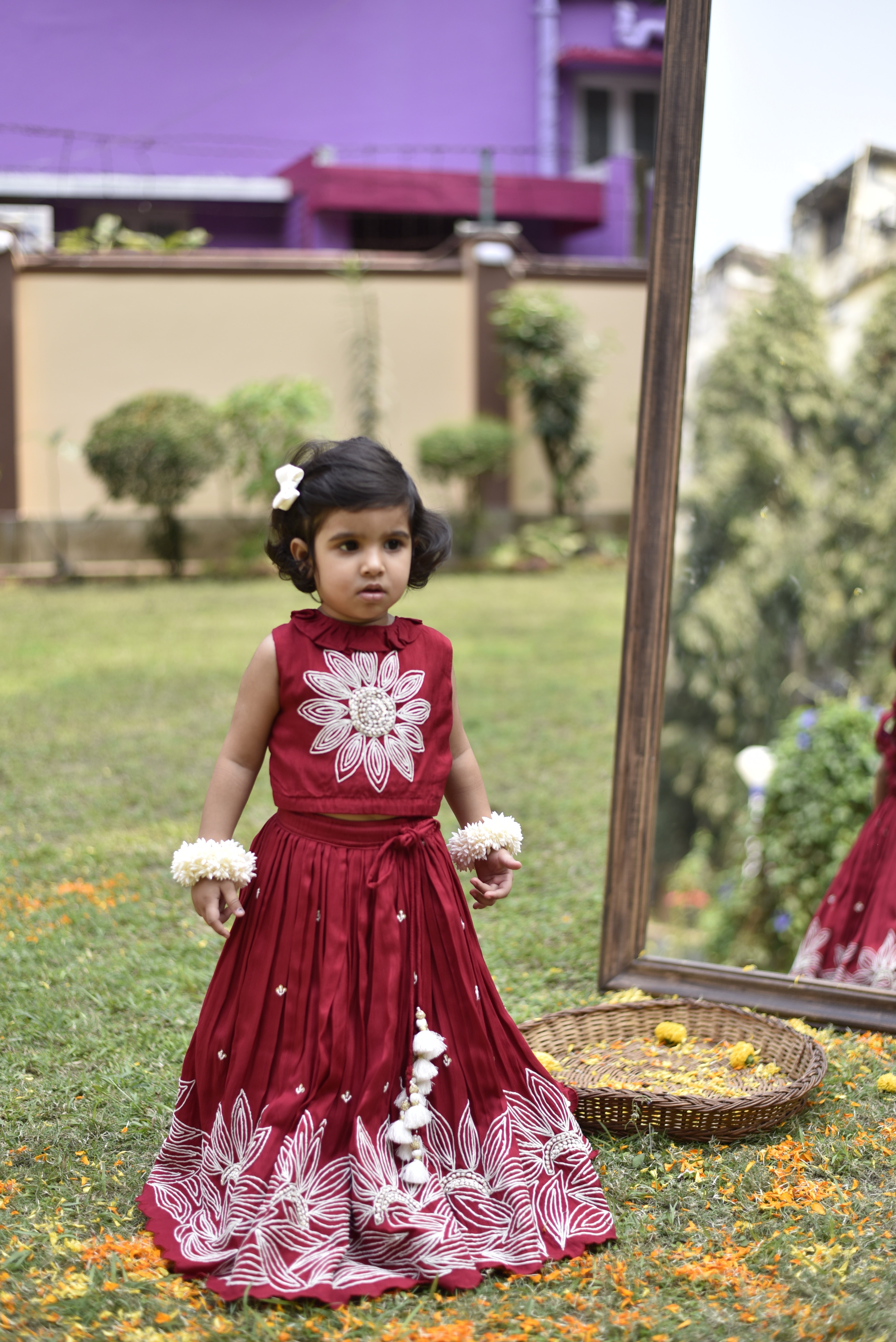 Ruffle Neckline Red Top And Lehenga