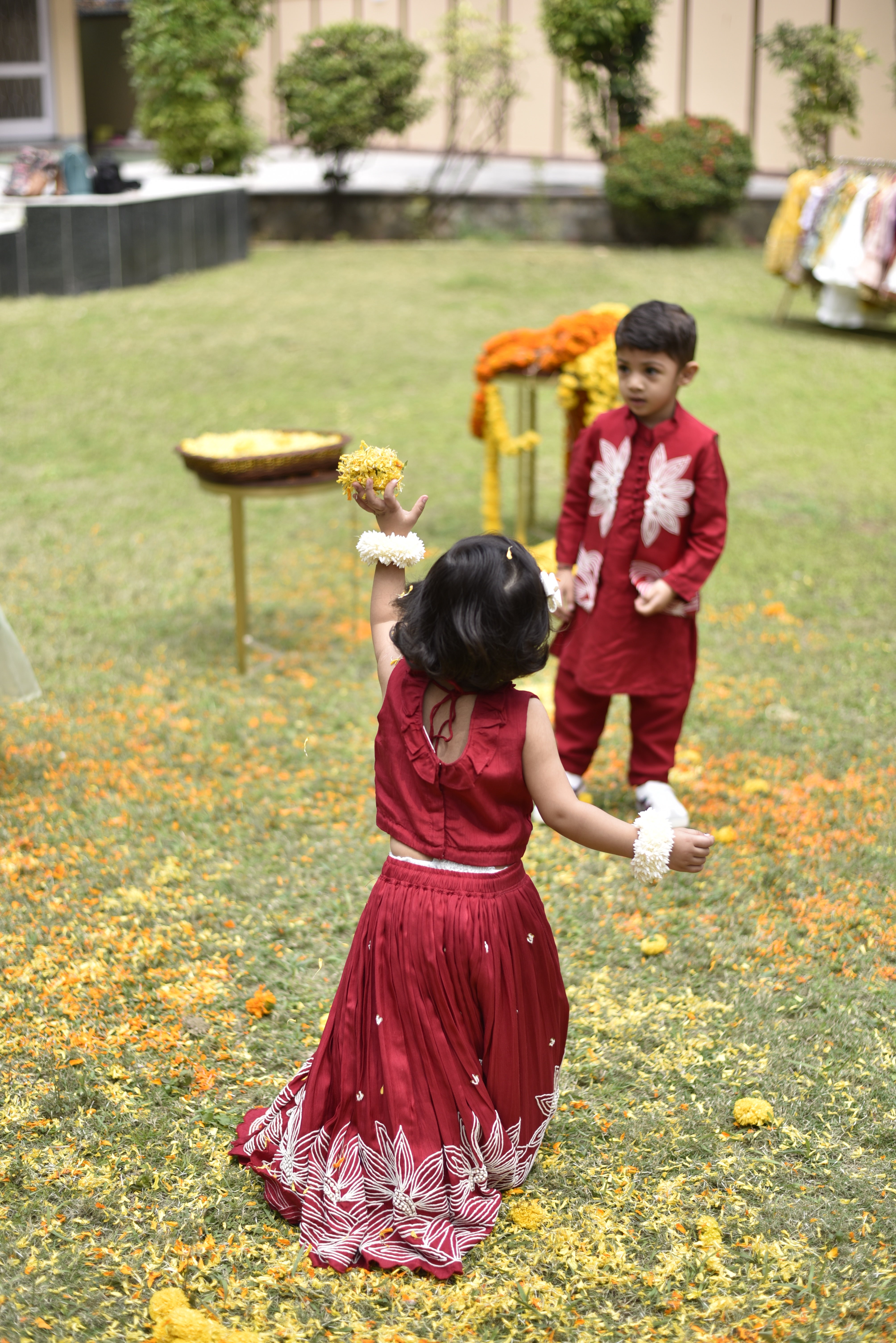 Ruffle Neckline Red Top And Lehenga