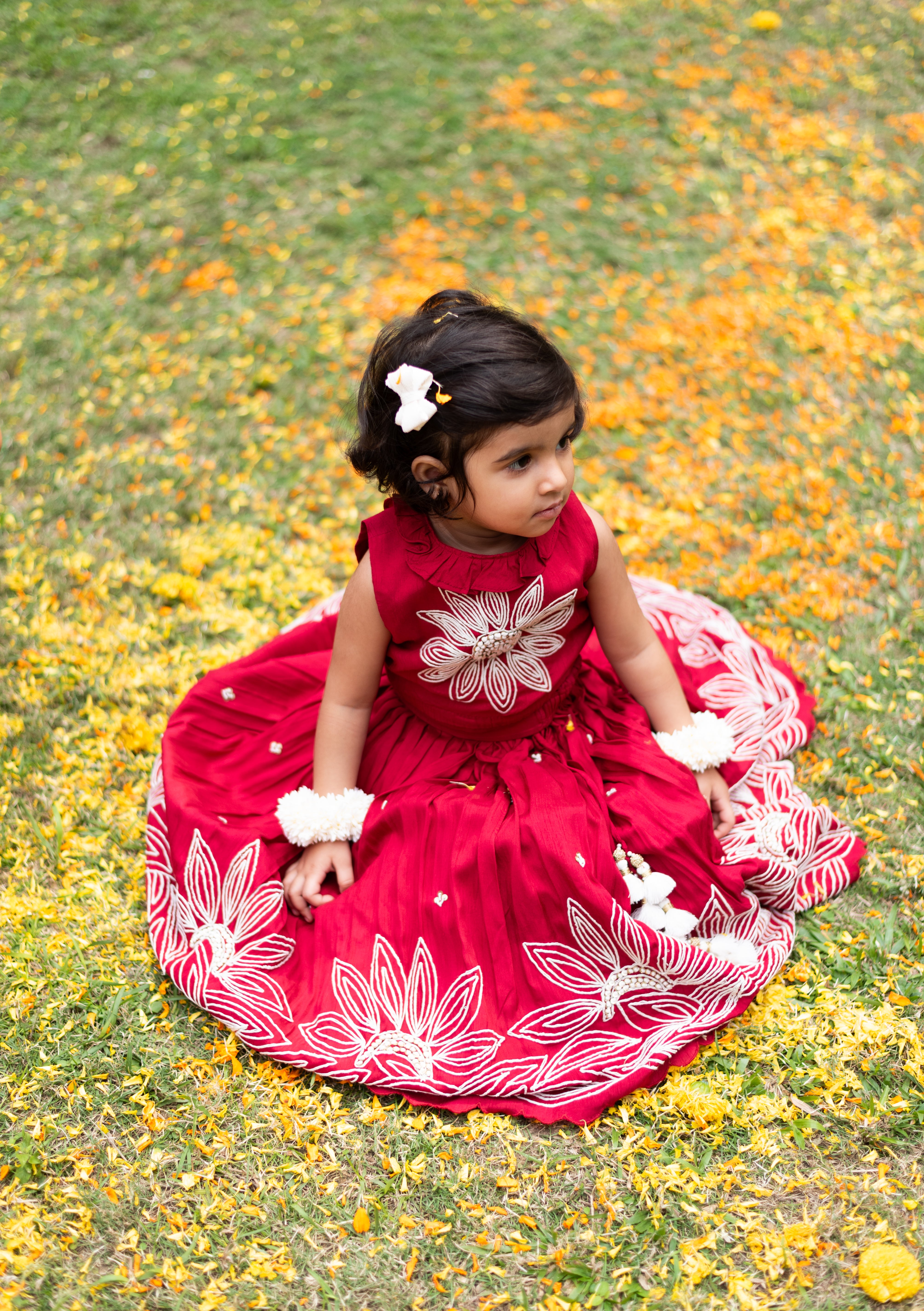 Ruffle Neckline Red Top And Lehenga