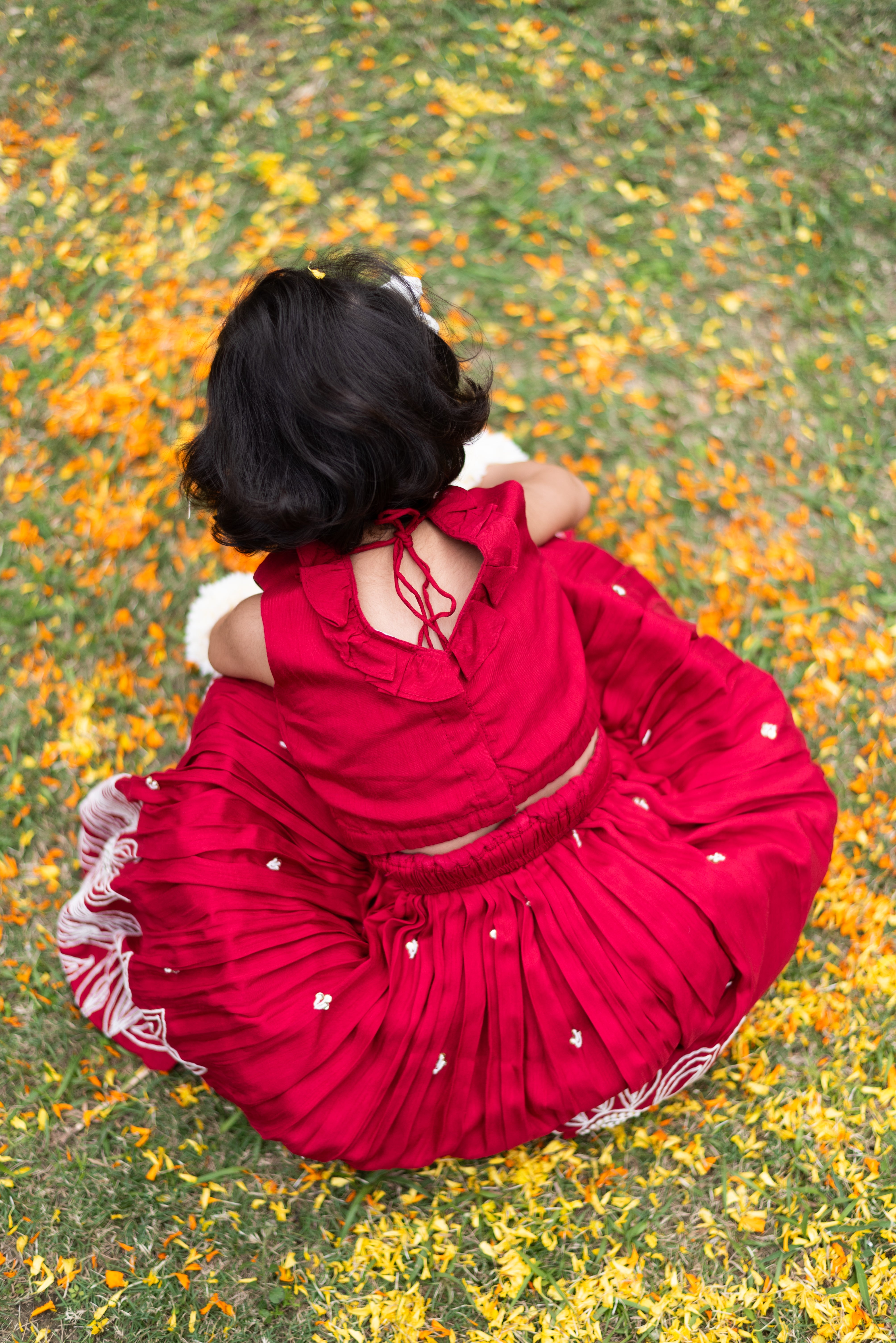 Ruffle Neckline Red Top And Lehenga