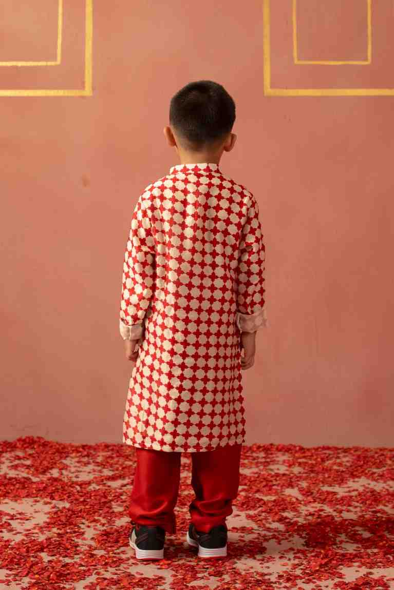 Red Mirror Printed Kurta Set