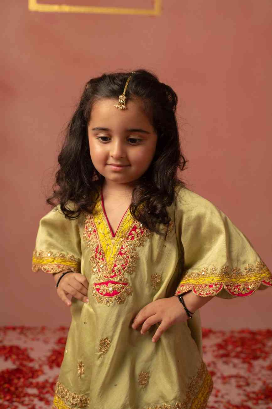 Pista Applique Kurta Sharara