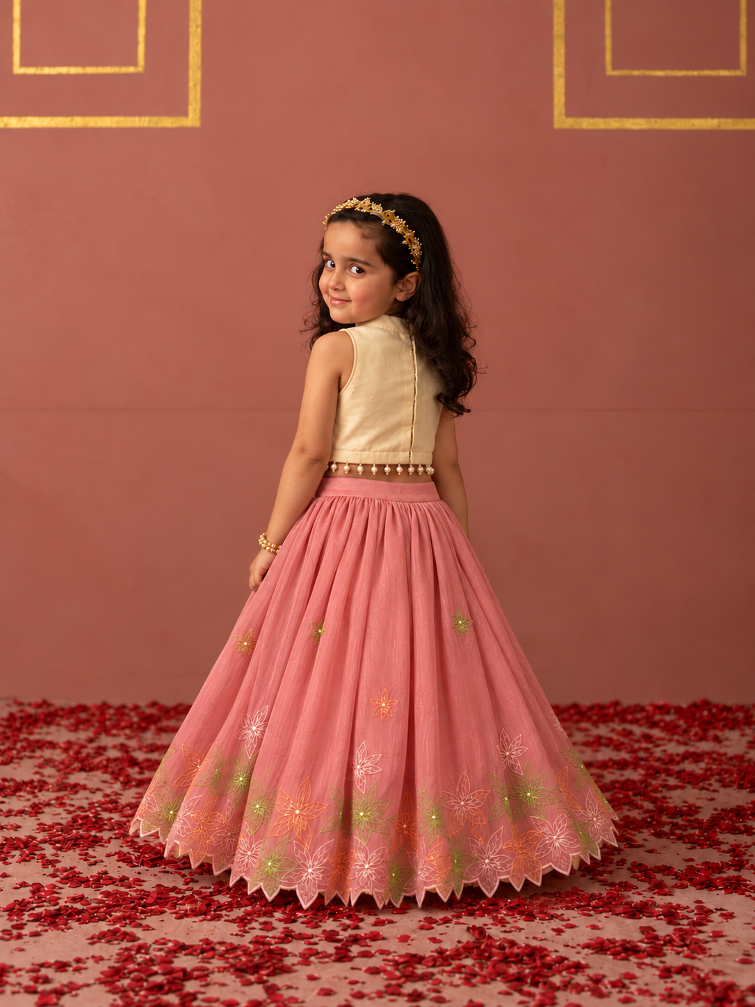 Cream and Pink Threadwork Lehenga
