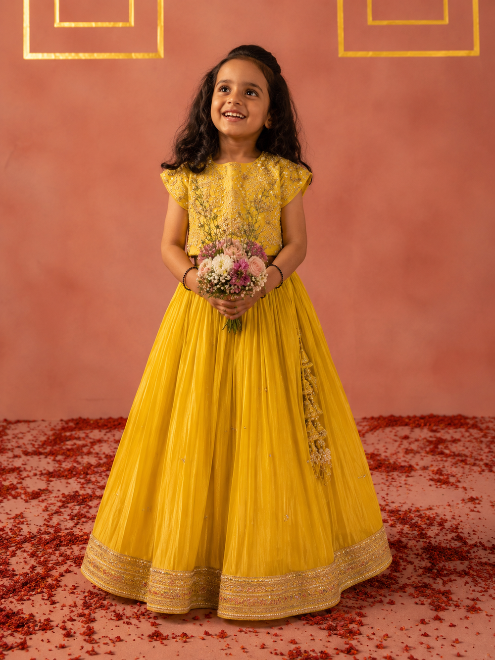 Yellow tissue embroidered lehenga