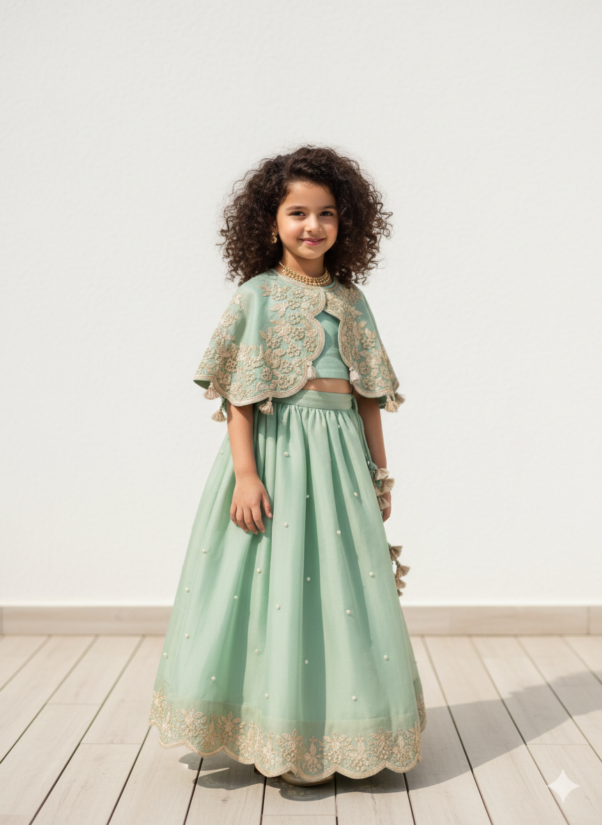 Sea Green Gota Moti Embroidery Poncho and Ghagara