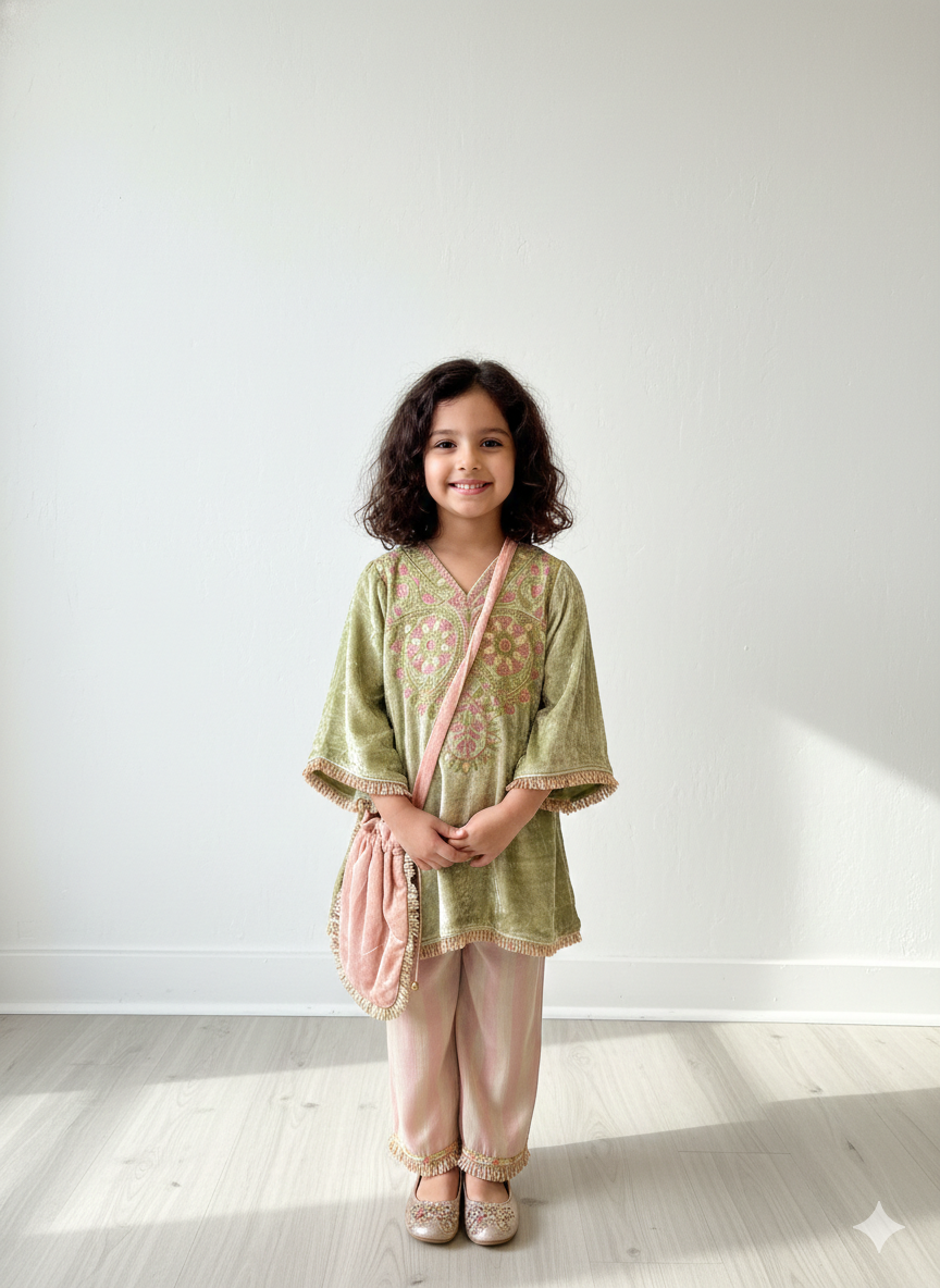 Pista Green Thread Embroidered Velvet Kurta and Straight Pant