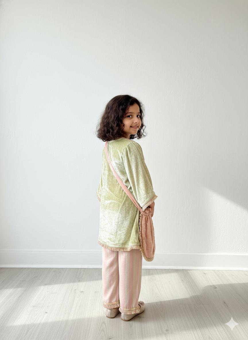 Pista Green Thread Embroidered Velvet Kurta and Straight Pant