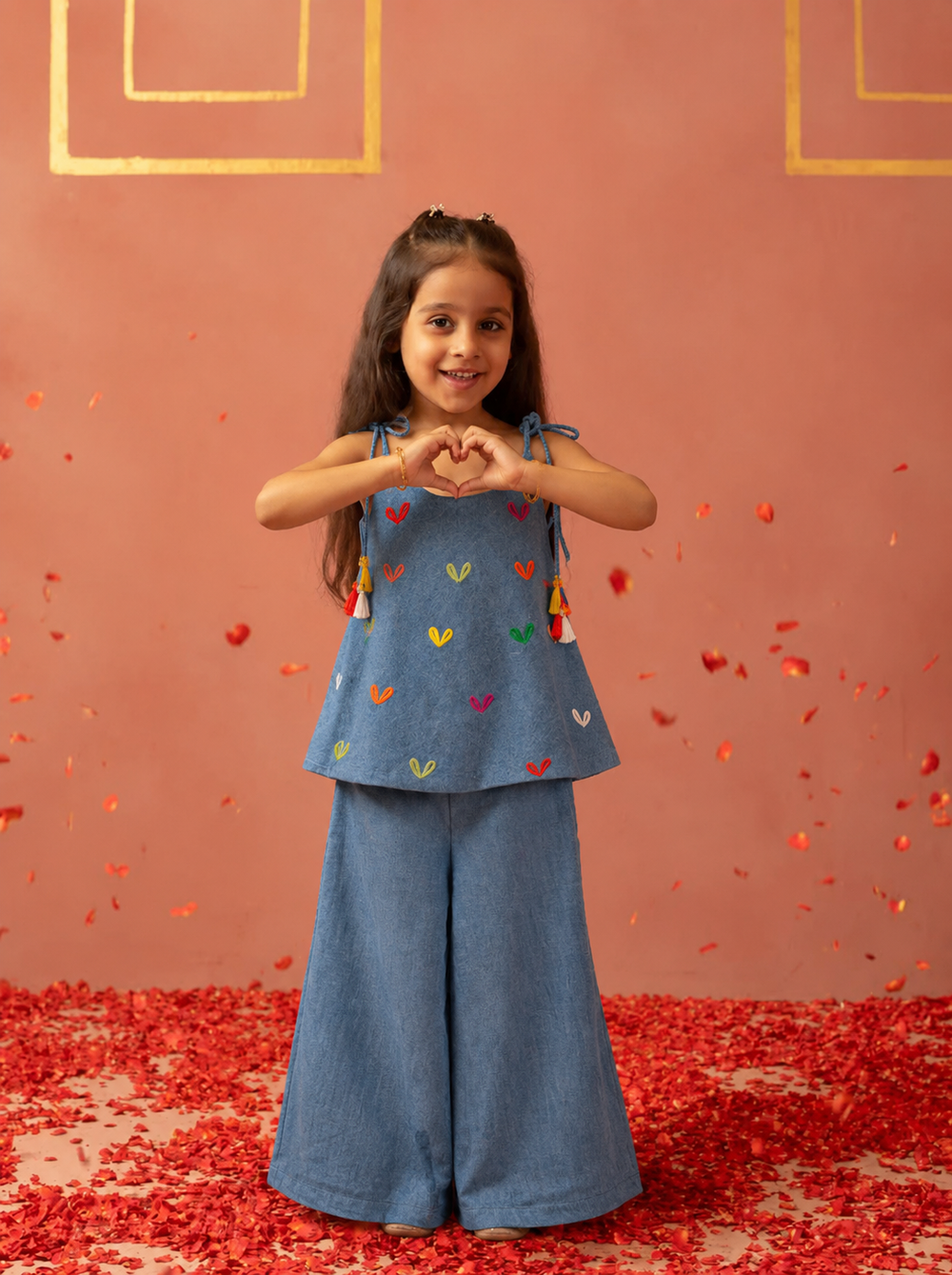 Denim Hearts Embroidered Top and Pants