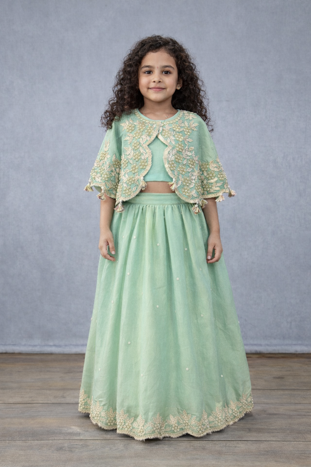 Sea Green Gota Moti Embroidery Poncho and Ghagara