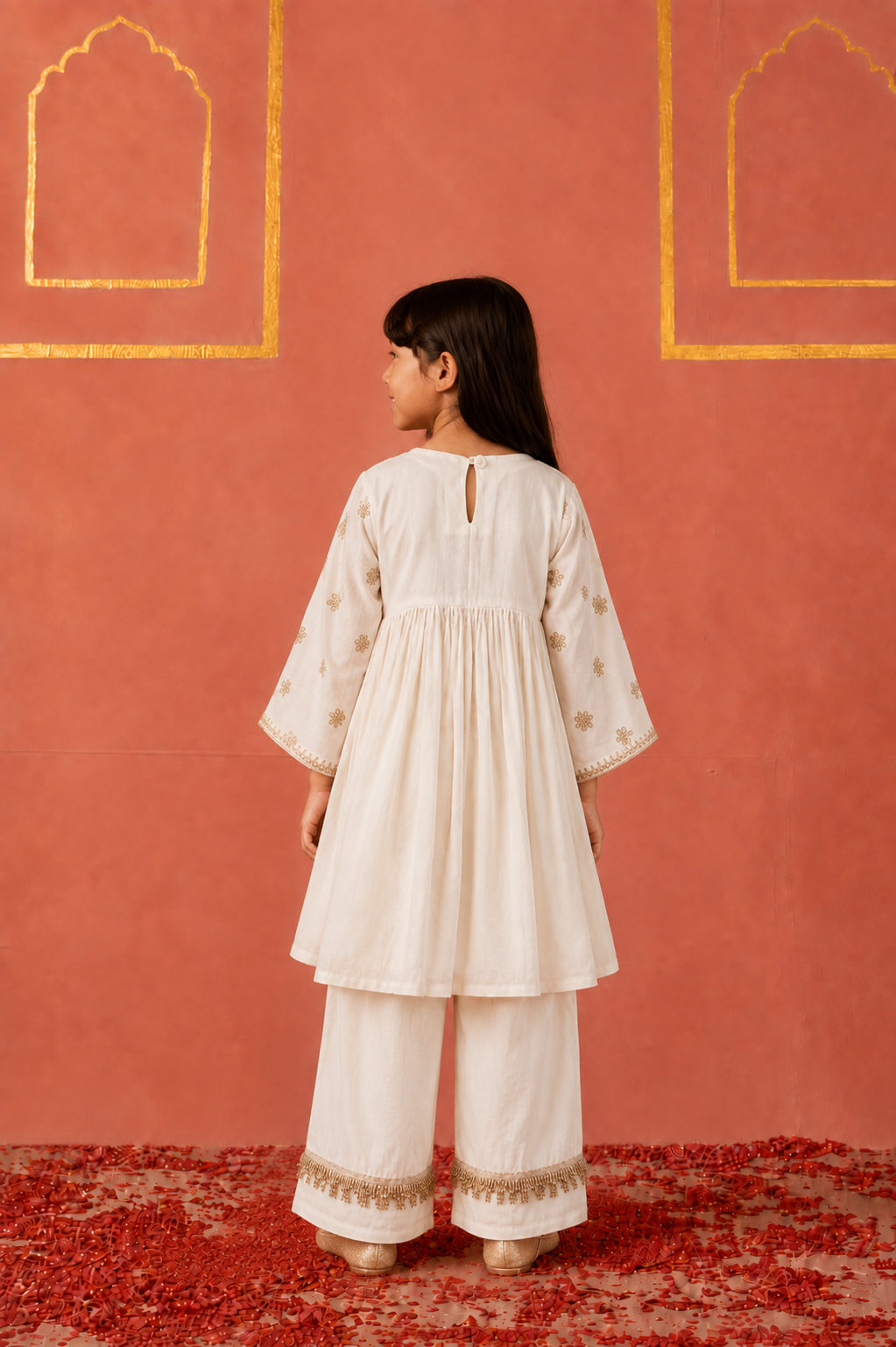 White embroidered peplum kurta pants and potli