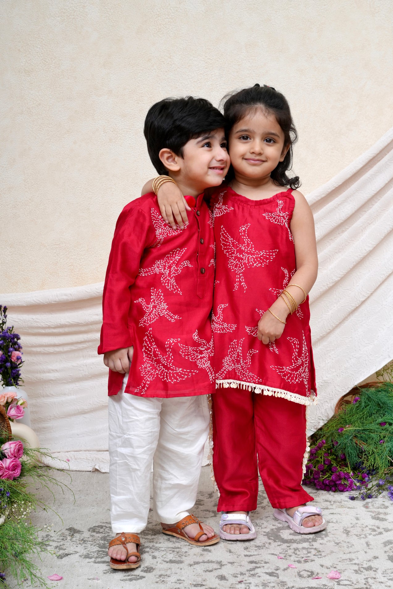 Bird Embroidered Red Kurta and Pant