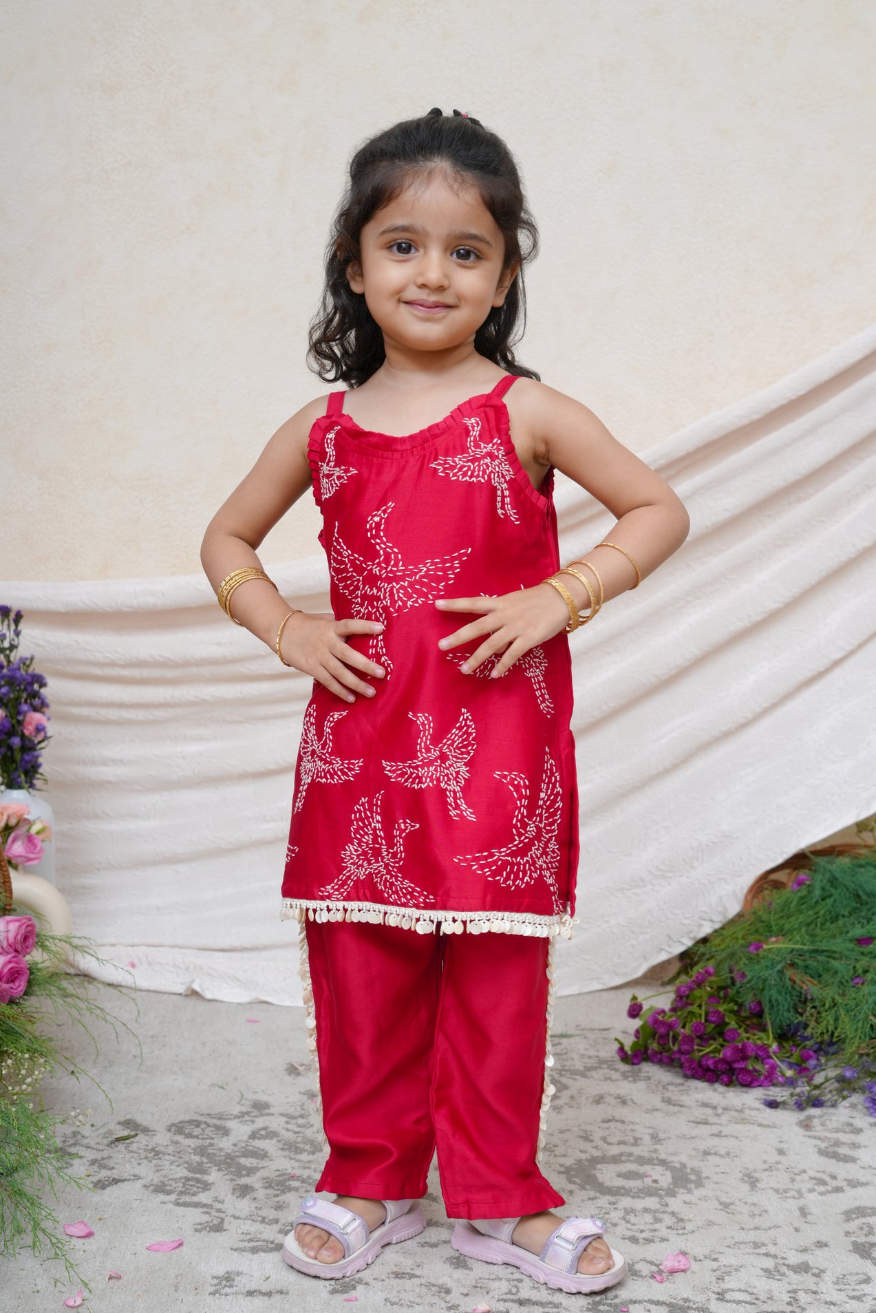 Bird Embroidered Red Chanderi Kurta and Pant