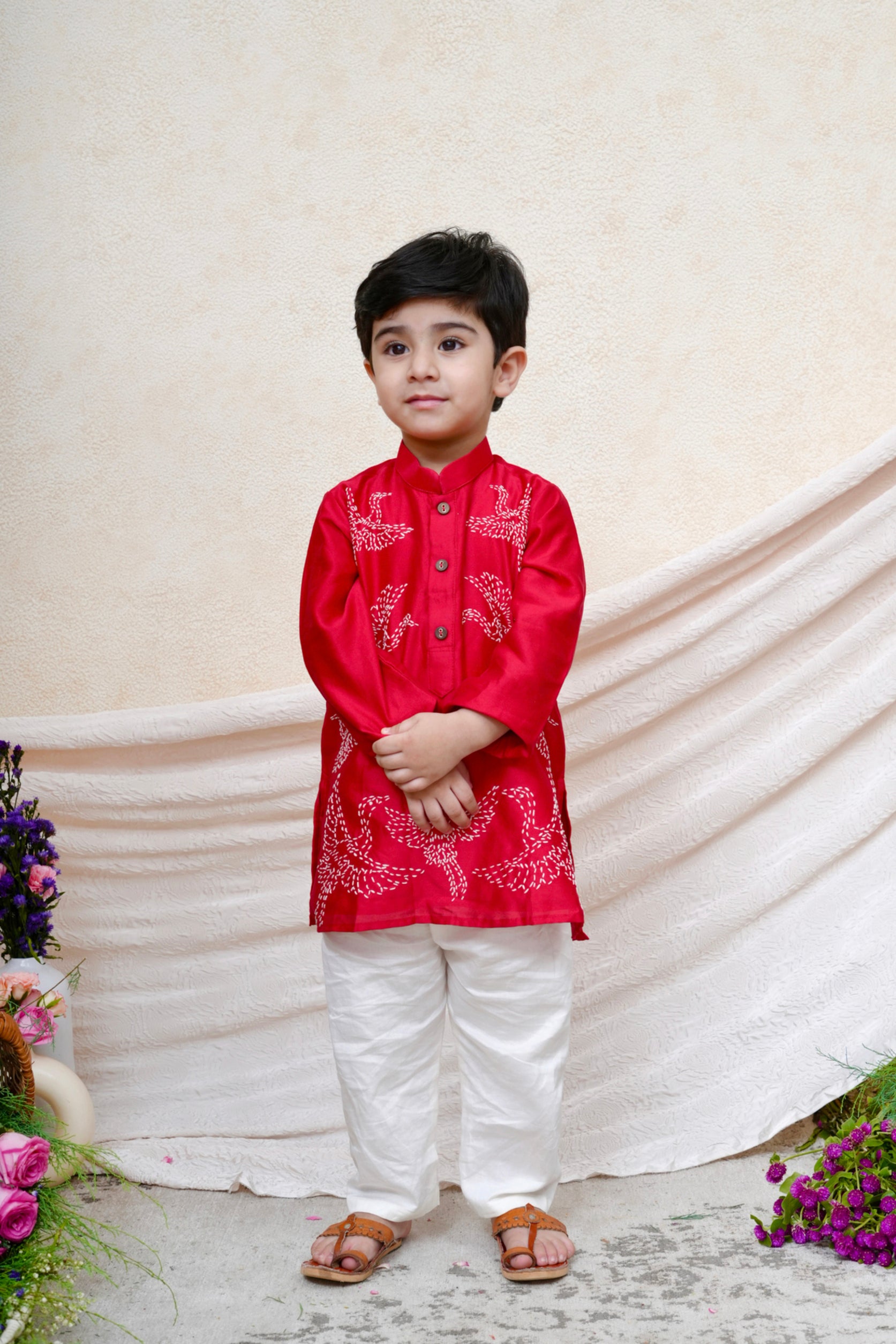 Bird Embroidered Red Kurta and Pant