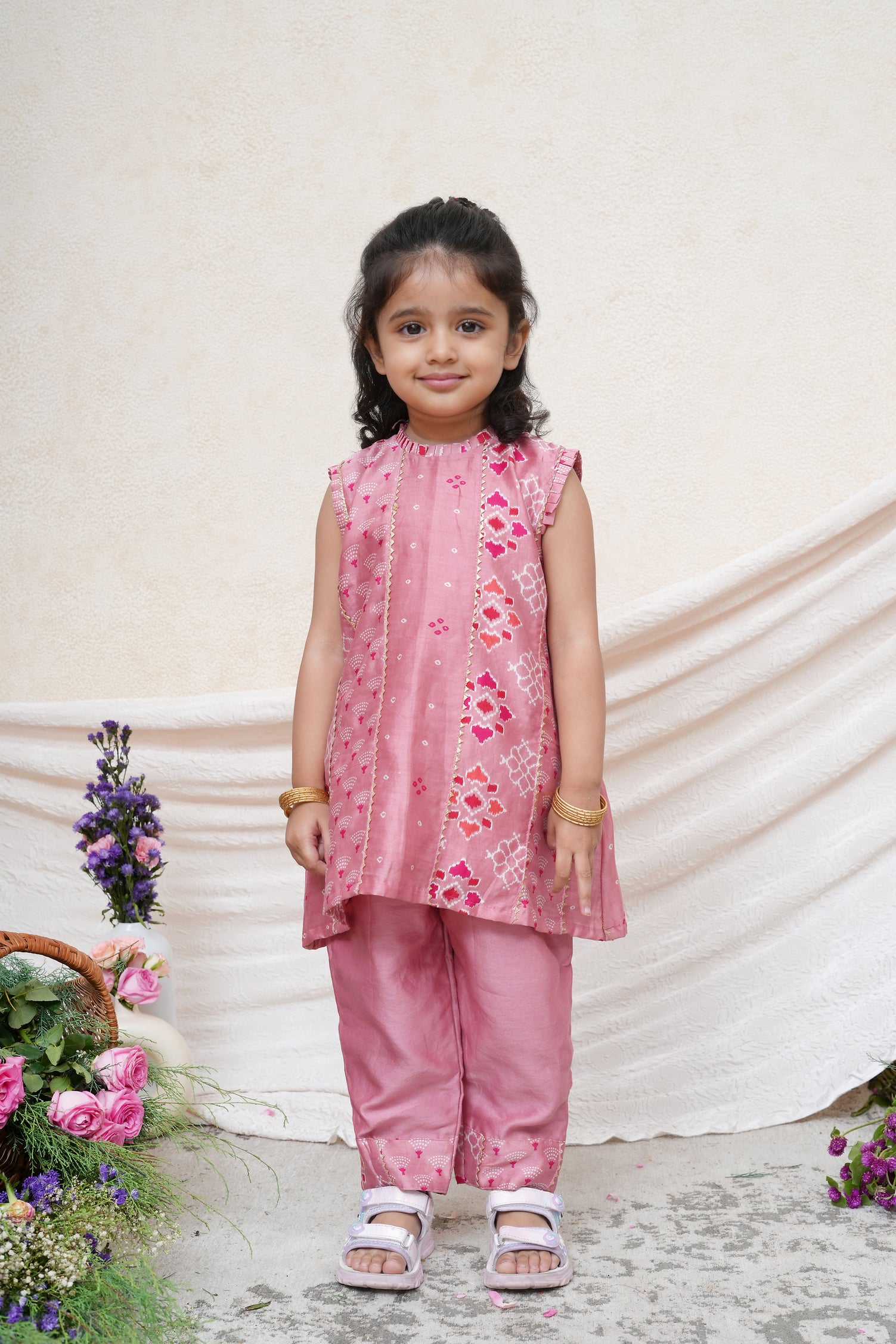 Dust Pink Chanderi Printed Gota Lace Embroidered Kurta and Pant