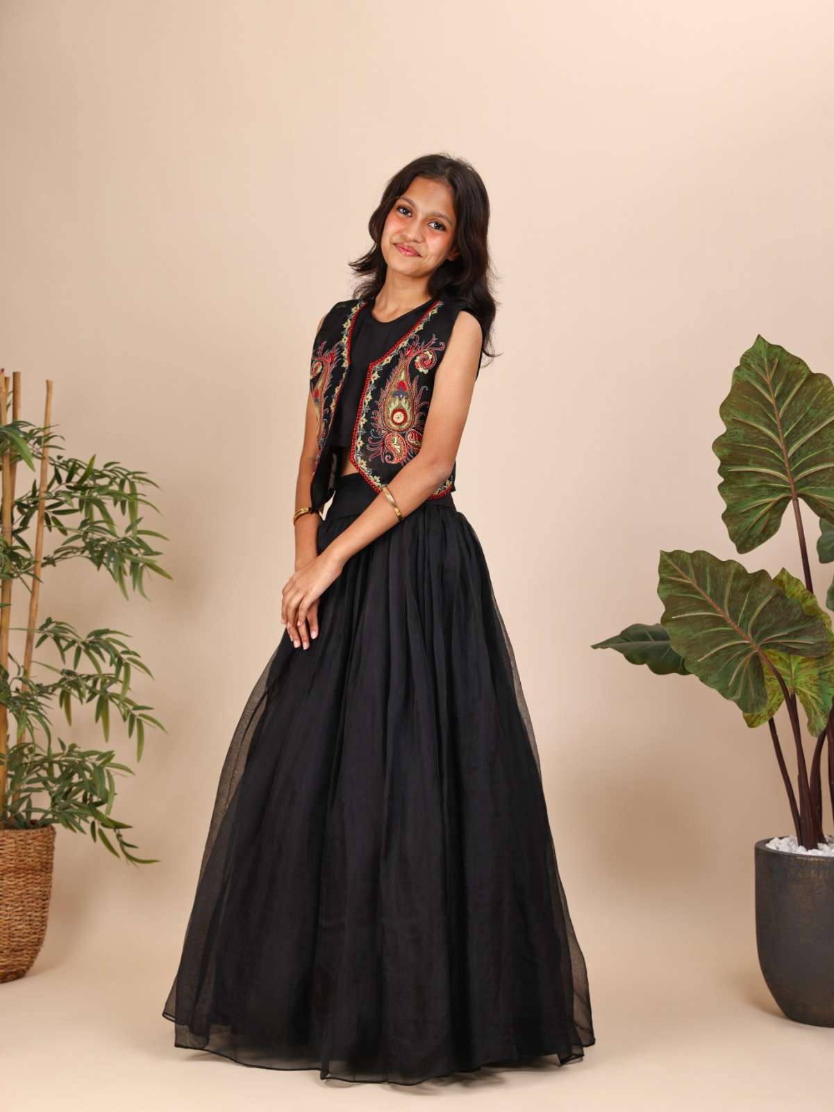Black Jacket Style Blouse and Ghagara For Teenagers