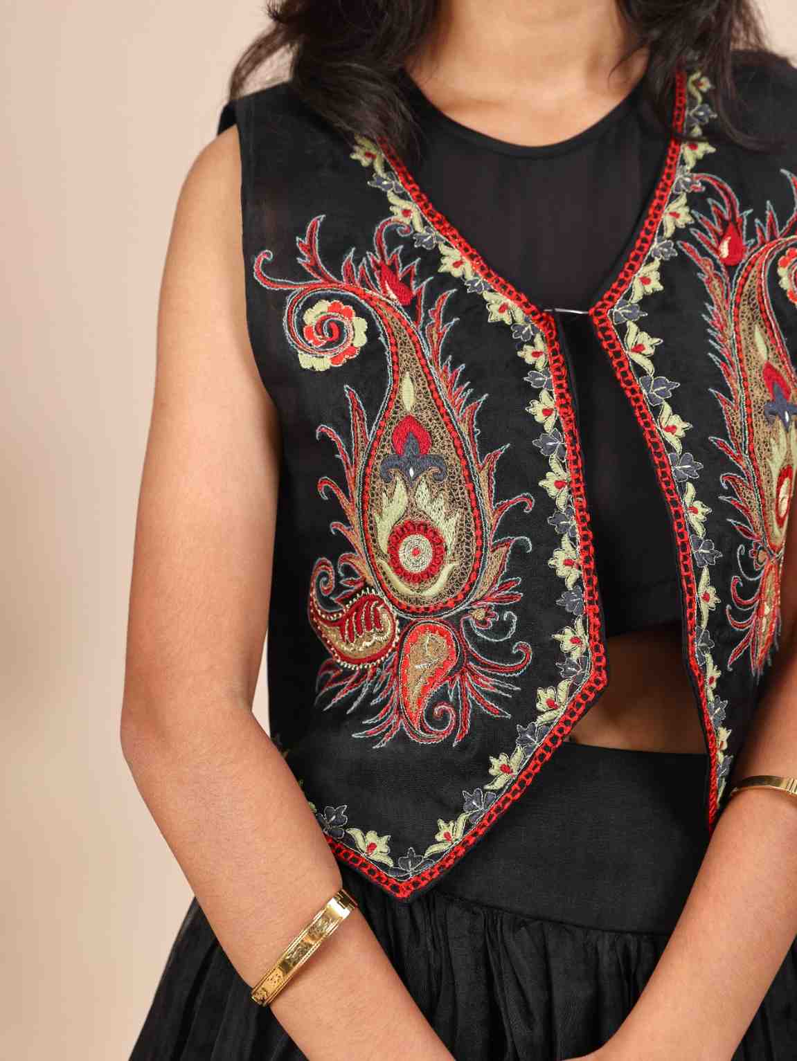 Black Jacket Style Blouse and Ghagara For Teenagers