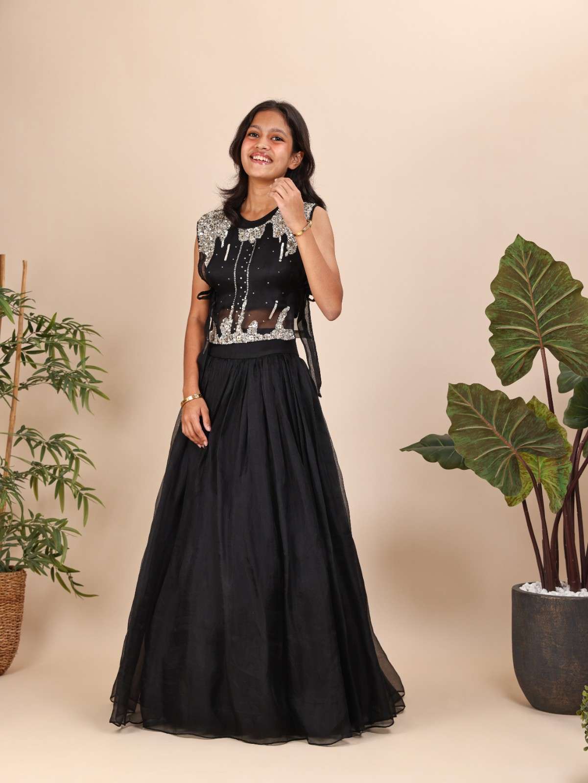 Black Sequins Bib Ghagara Set For Teenagers