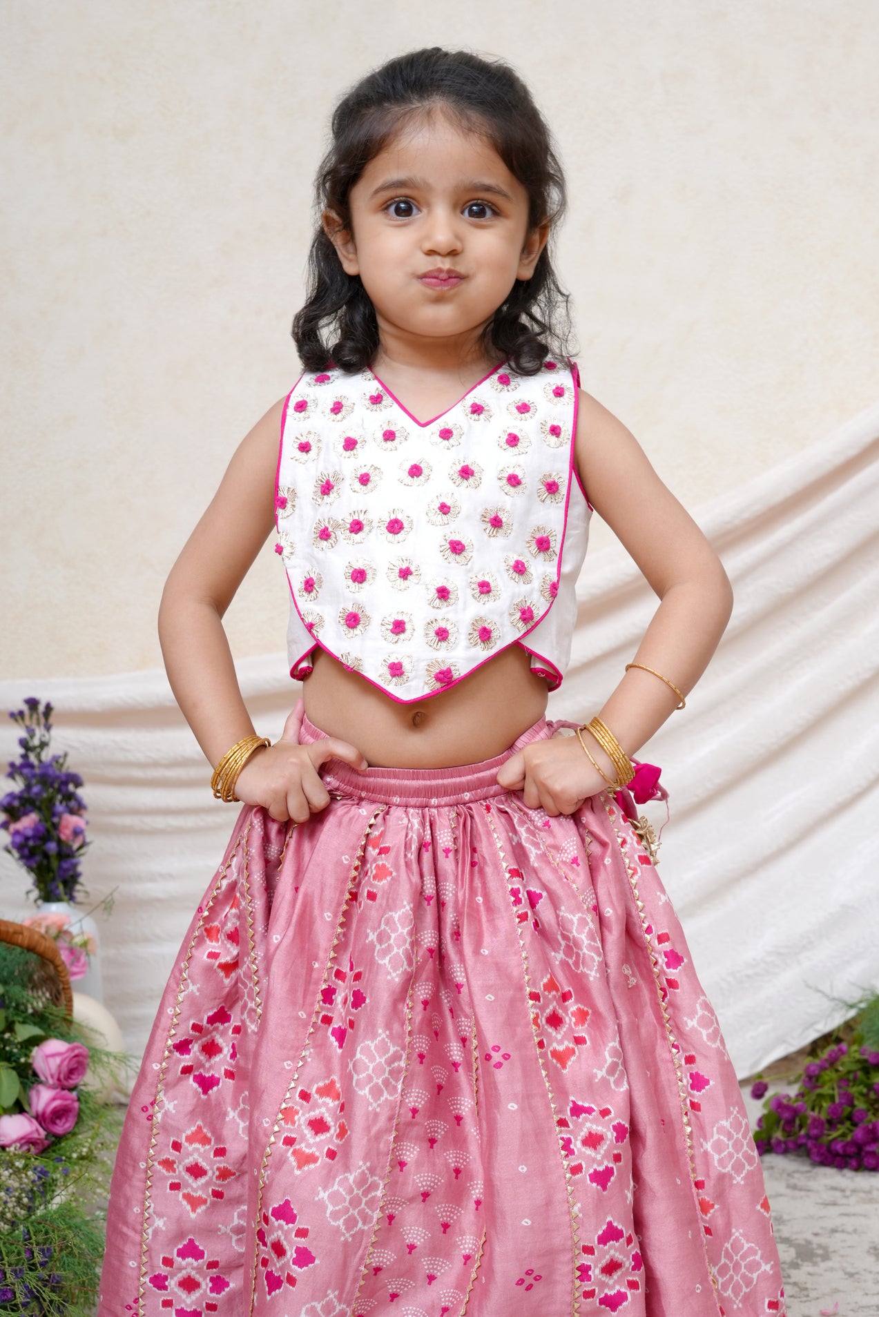 Off White Gota Embroidered Blouse with Dust Pink Chanderi Printed Gota Ghaghra
